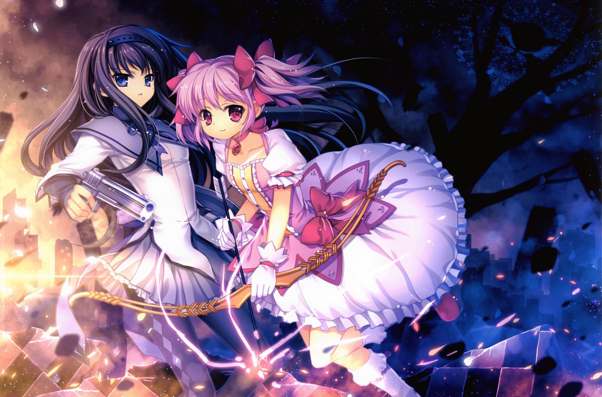 art capura lin mahou shoujo madoka magica girls akemi homura kaname madoka dresses weapon torment gun looking at the viewer