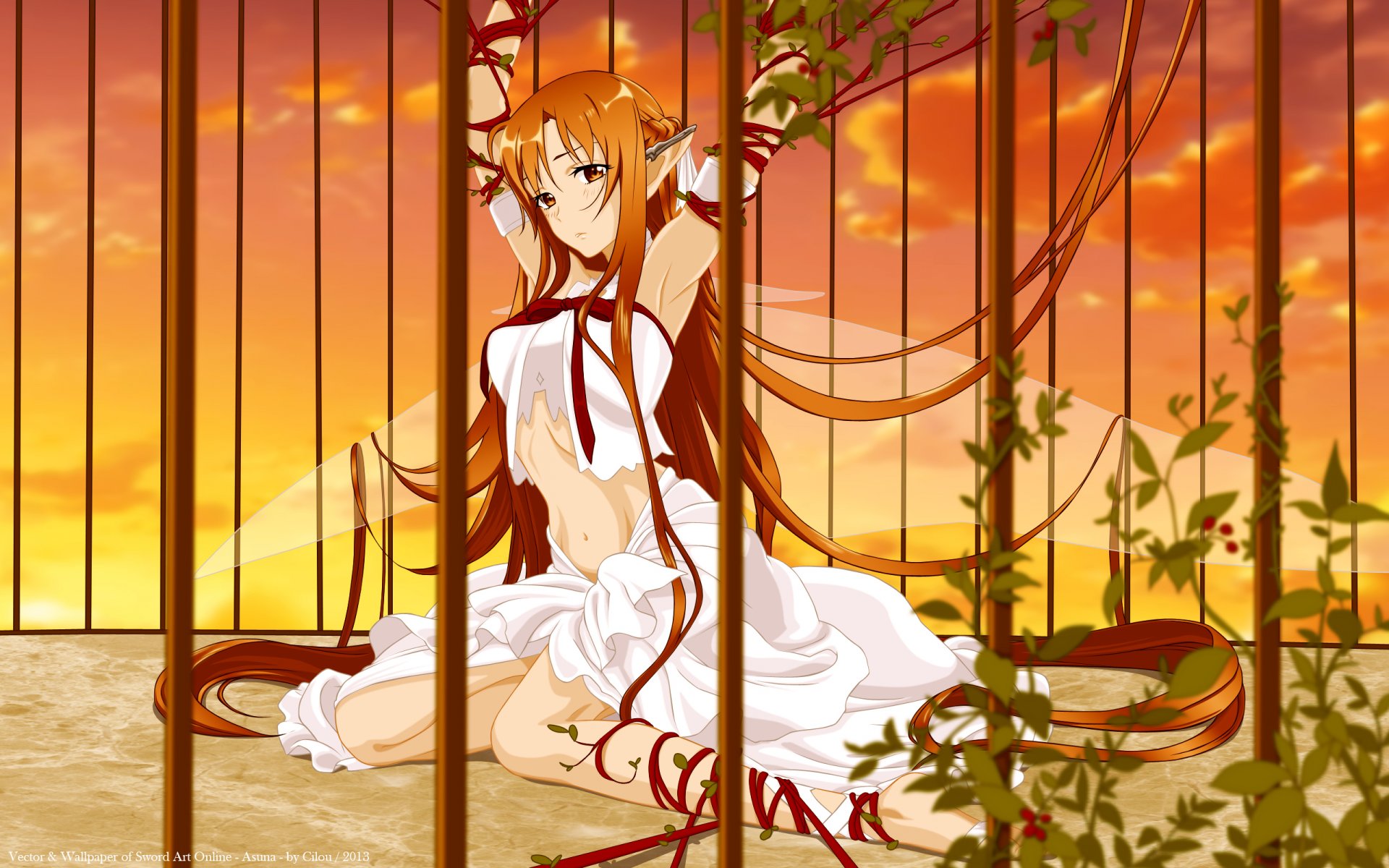 art cilou anime épée art en ligne yuki asuna fille elfe cage rubans ailes coucher de soleil ciel nuages