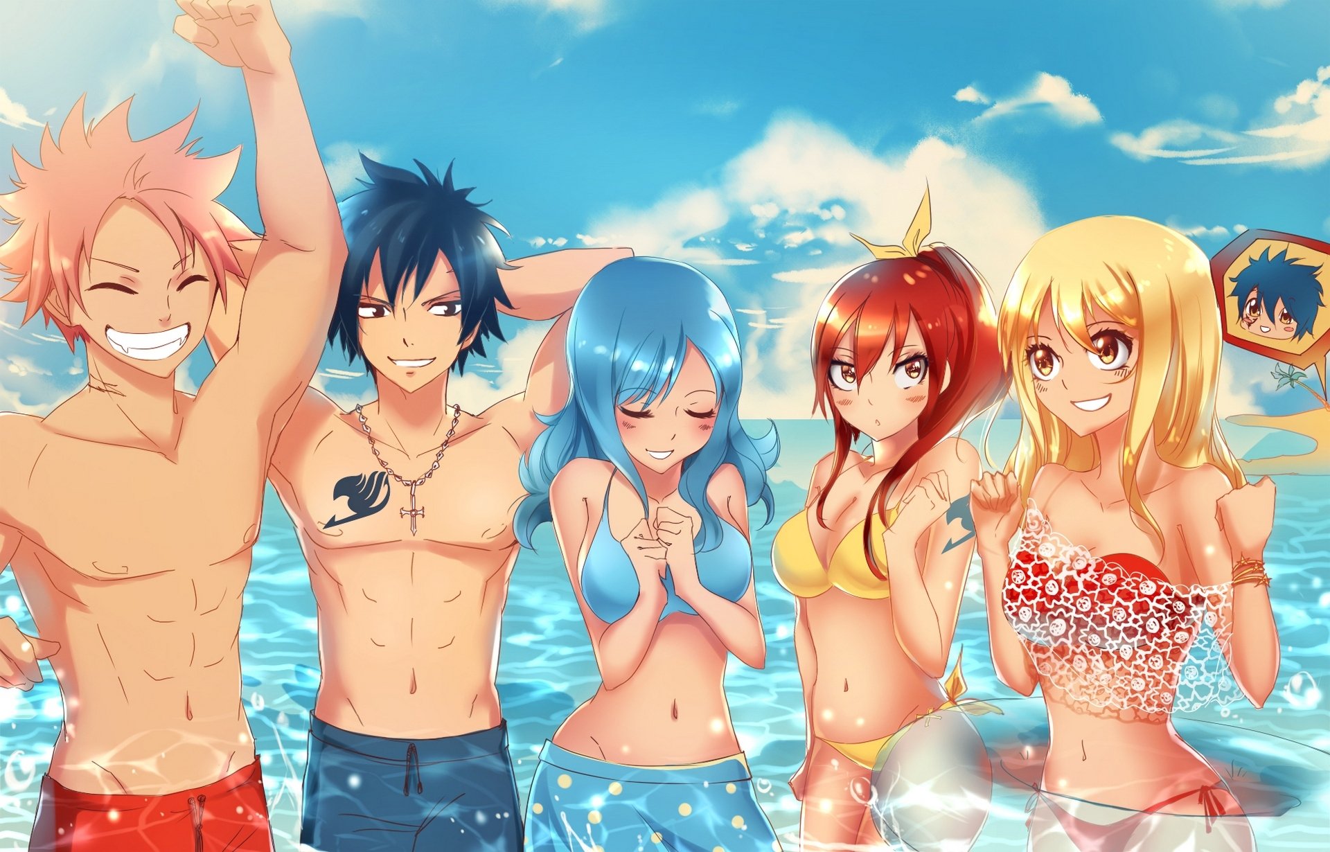 arte kristallin-e ragazze ragazzi lucy heartfilia erza scarlet natsu dragneel grigio juvia loxar gioia imbarazzo bikini seno mare racconto