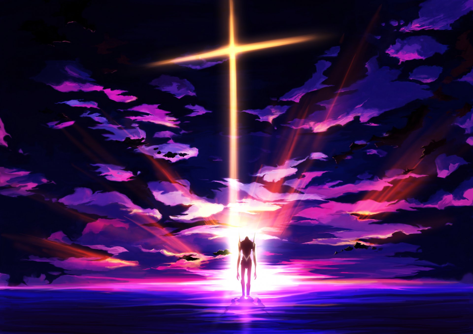 art artisanat fantôme anime neon genesis evangelion eva 01 robot fourrures coucher de soleil ciel nuages