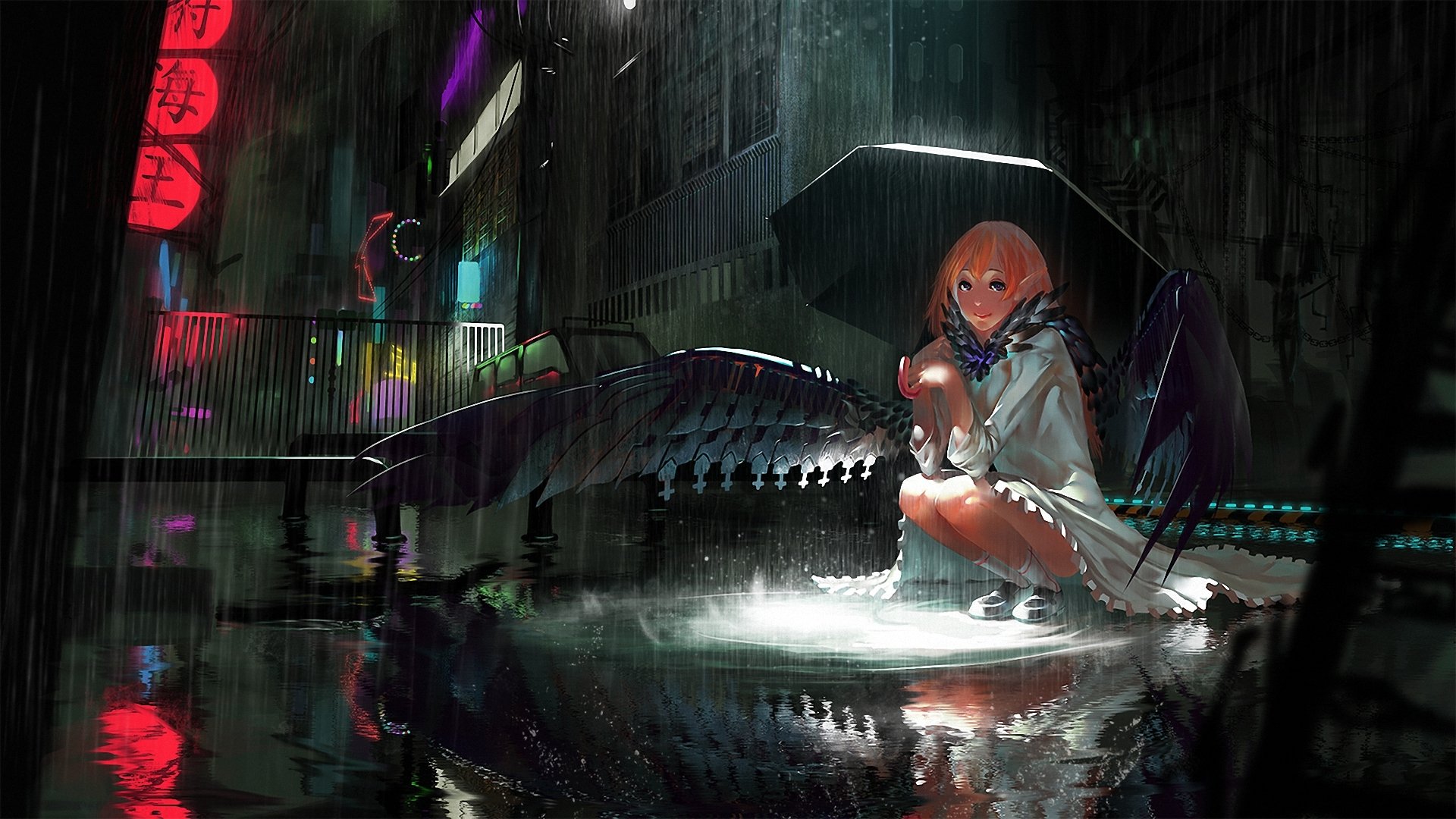 art karasu-san syh3iua83 girl street night town wings umbrella rain