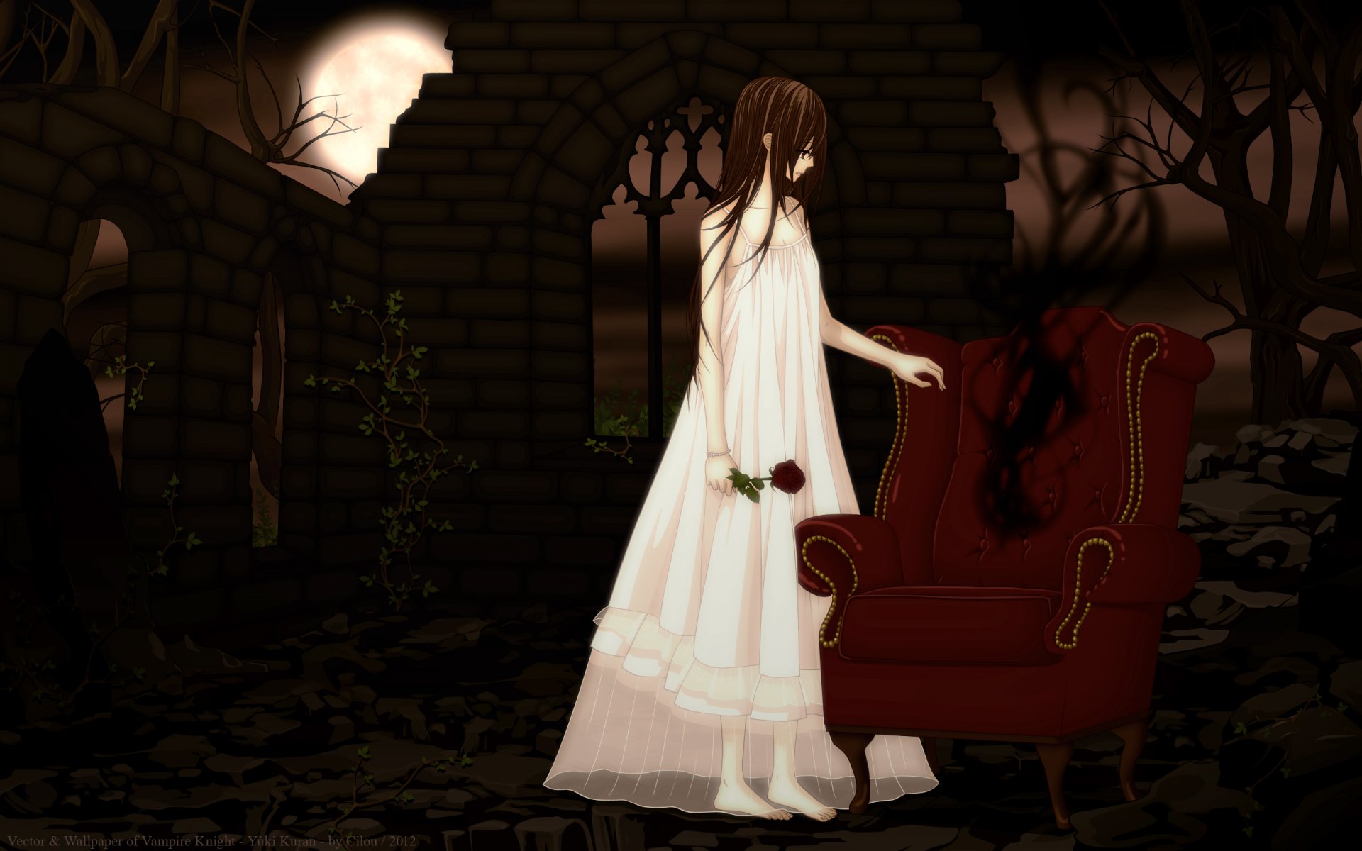 vampire knight yuuki cross chair rose night moon tree abandoned building