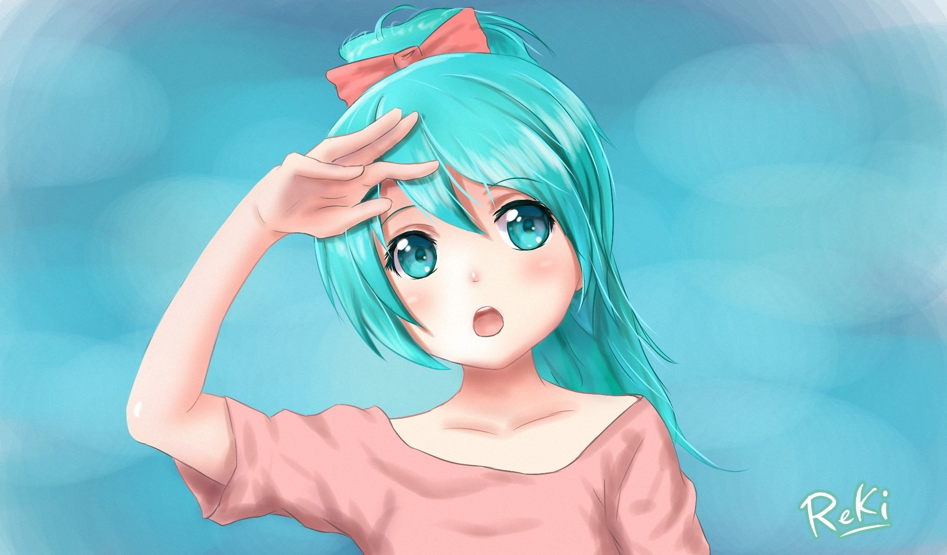 kunst fluss lichka vocaloid hatsune miku mädchen hintergrund hand pferdeschwanz bogen