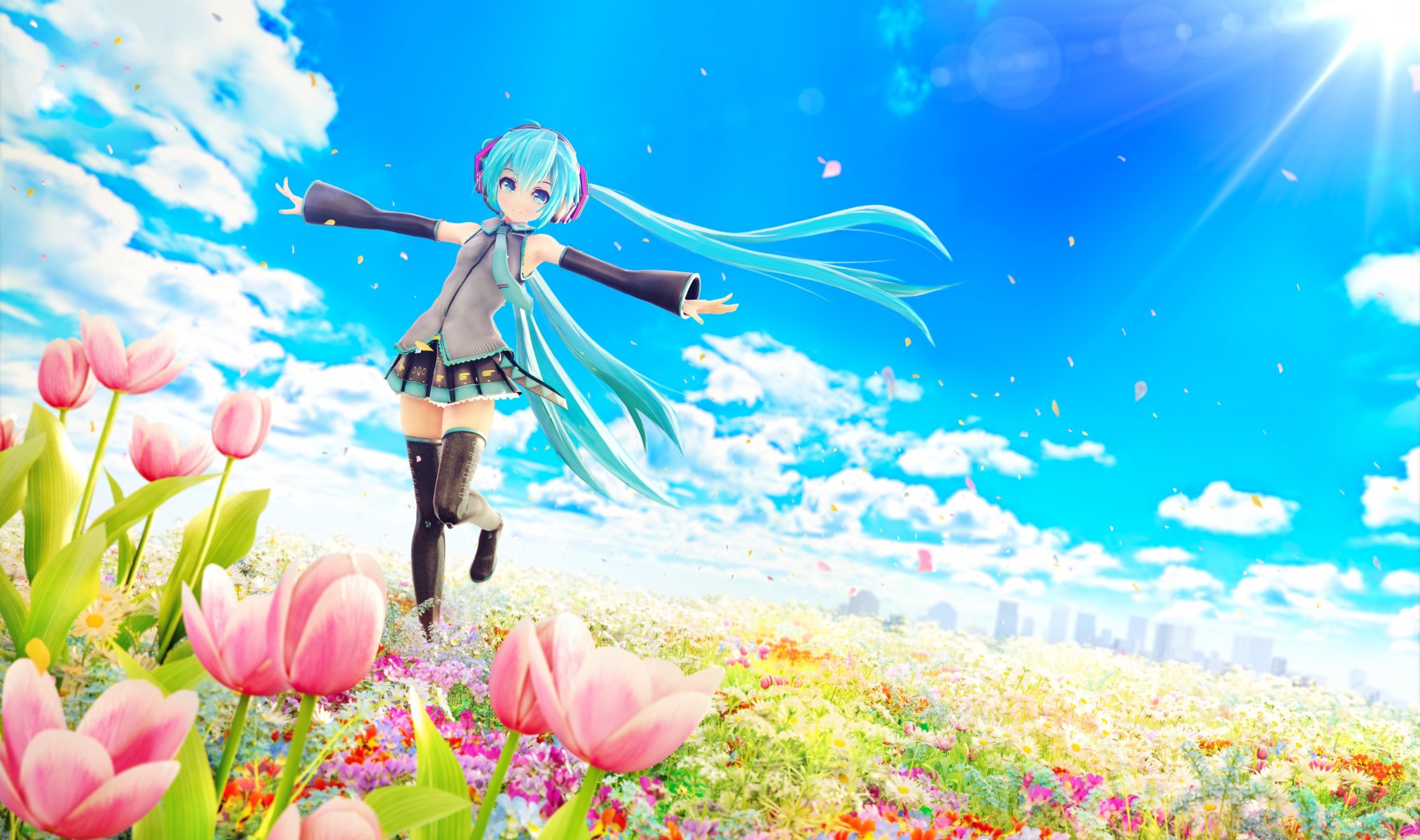 art chuukarudoruhu hatsune miku vocaloid girl the field flower tulips clouds wind sun petal