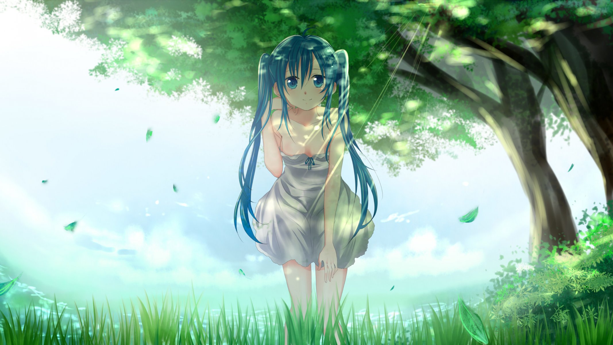 art mariwai marireroy vocaloid hatsune miku dziewczyna drzewa liście vocaloid natura światło