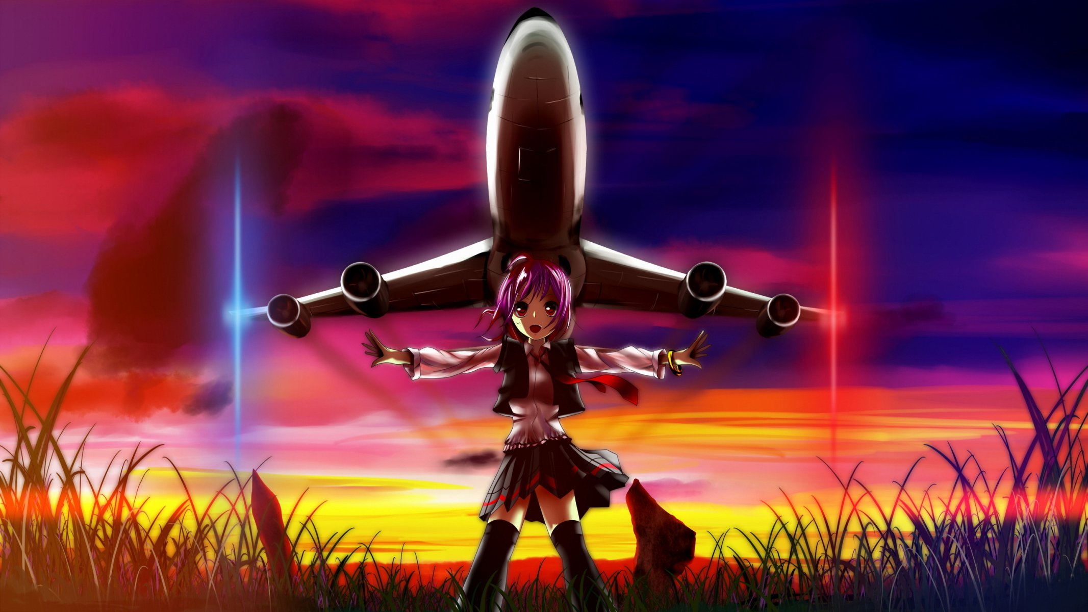 arte chica avión sol puesta de sol luces naturaleza anime cielo