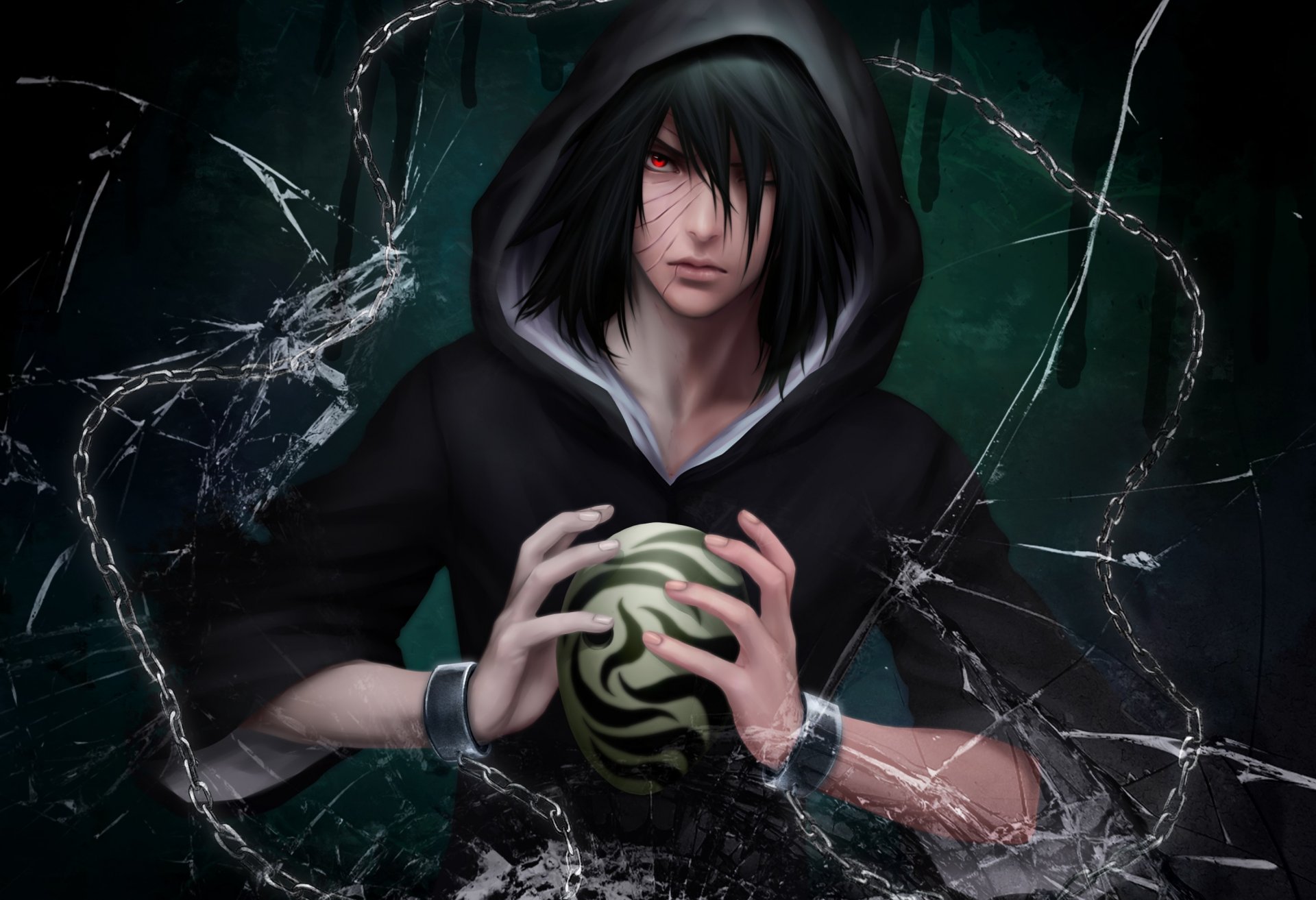 art zetsuai89 obito uchiha naruto facet maska kaptur szkło rozbite odłamki łańcuchy czerwone oko