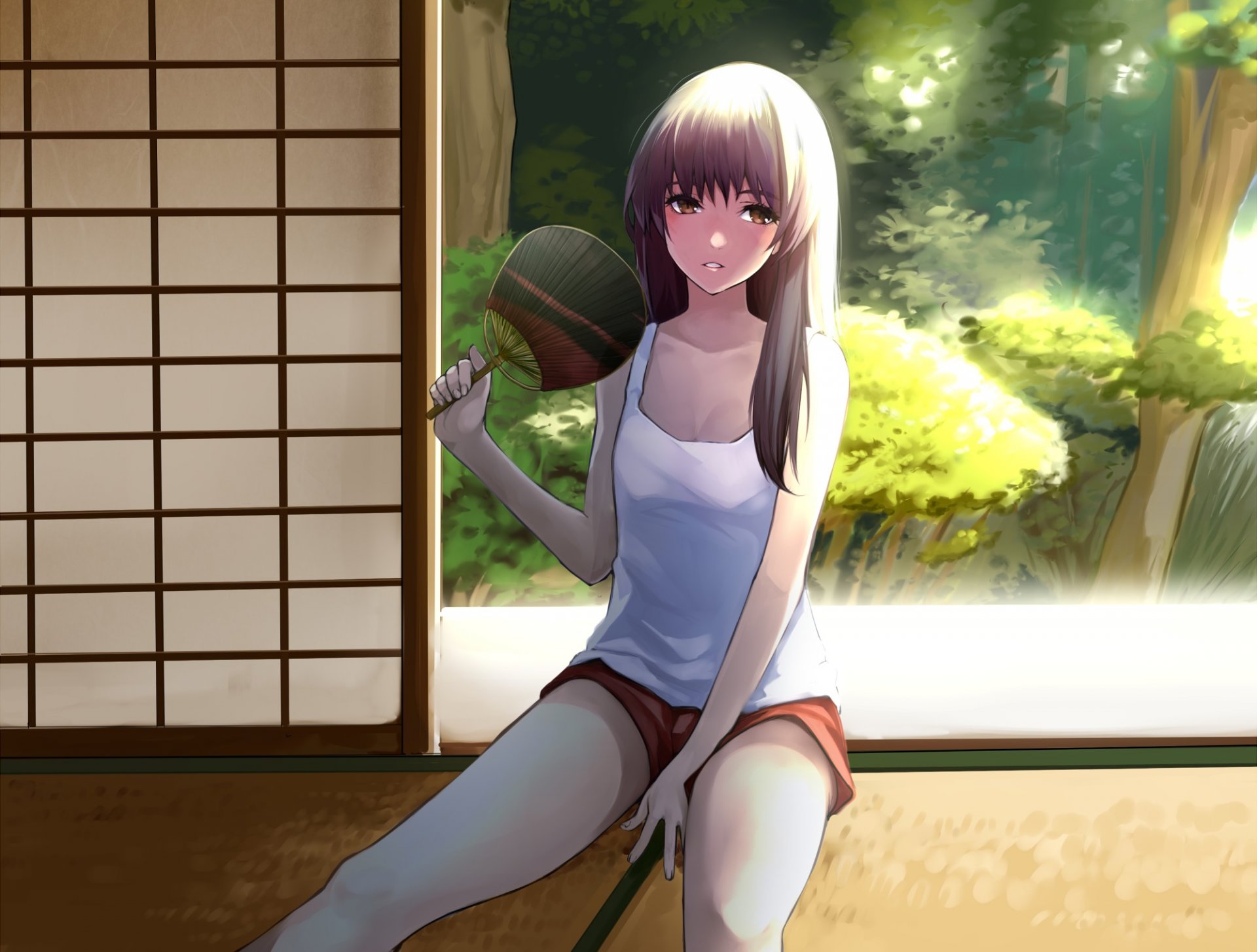 art settyaro girl sitting house tree nature fan anime