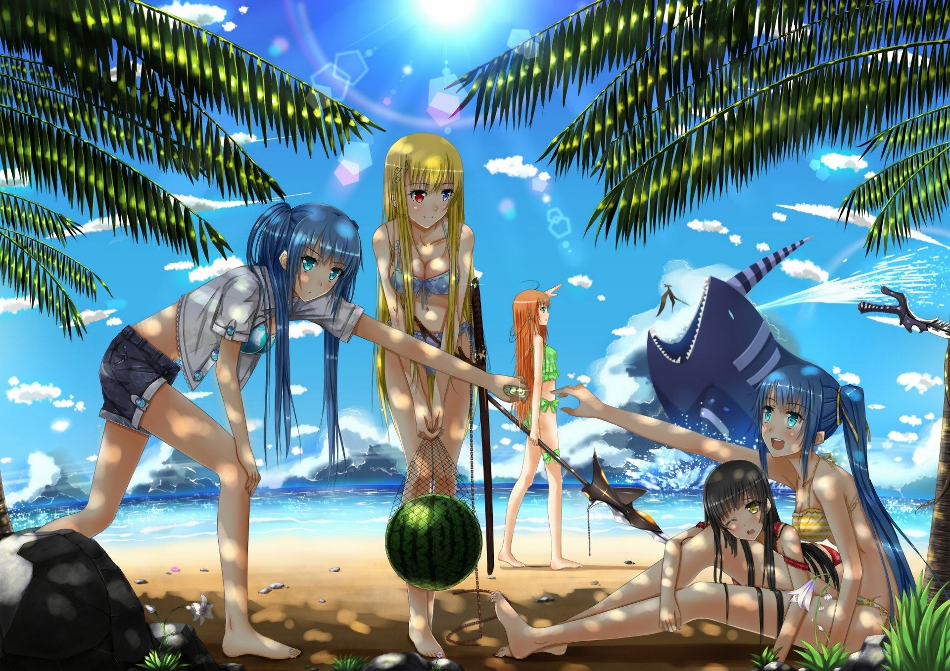 art swordsouls girls beach sea palm trees shore fun sky clouds watermelon heterochromia weapons anime