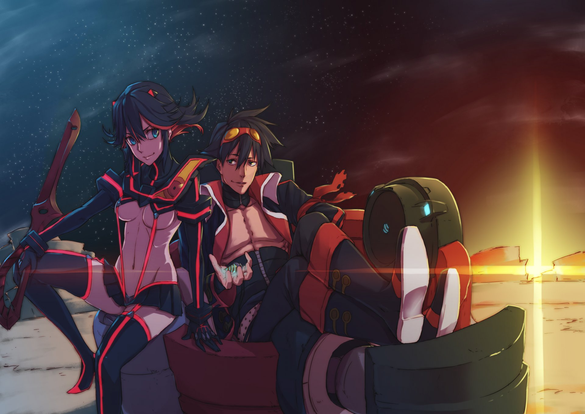 art hu58013901 girl matoi ryuuko guy simon smile of mind romance weapon magic sunset kill la kill tengen toppa gurren lagann