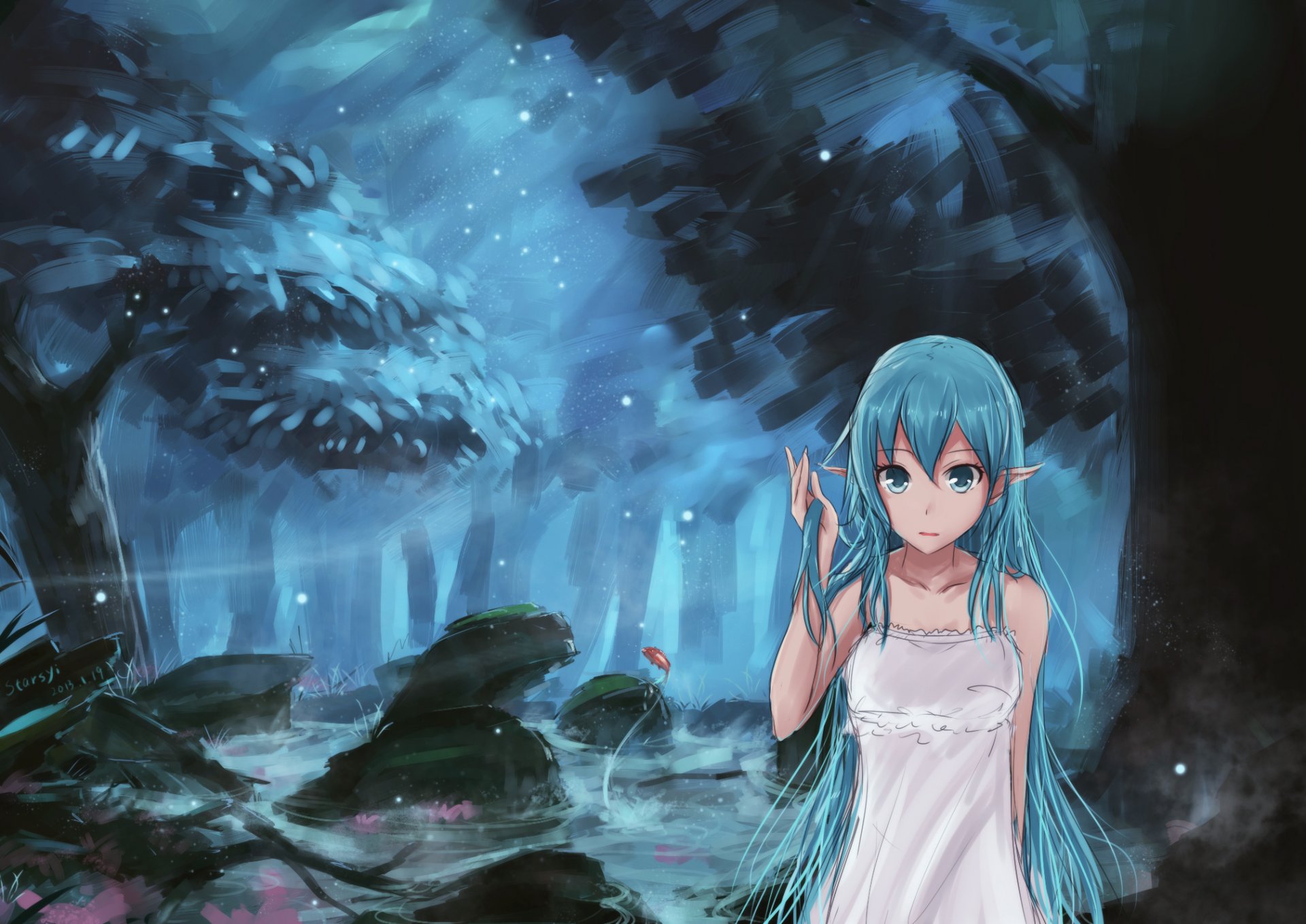 sztuka takeshi takeshi dziewczyna hatsune miku spojrzenie niespodzianka elf strumień noc farby vocaloid vocaloid