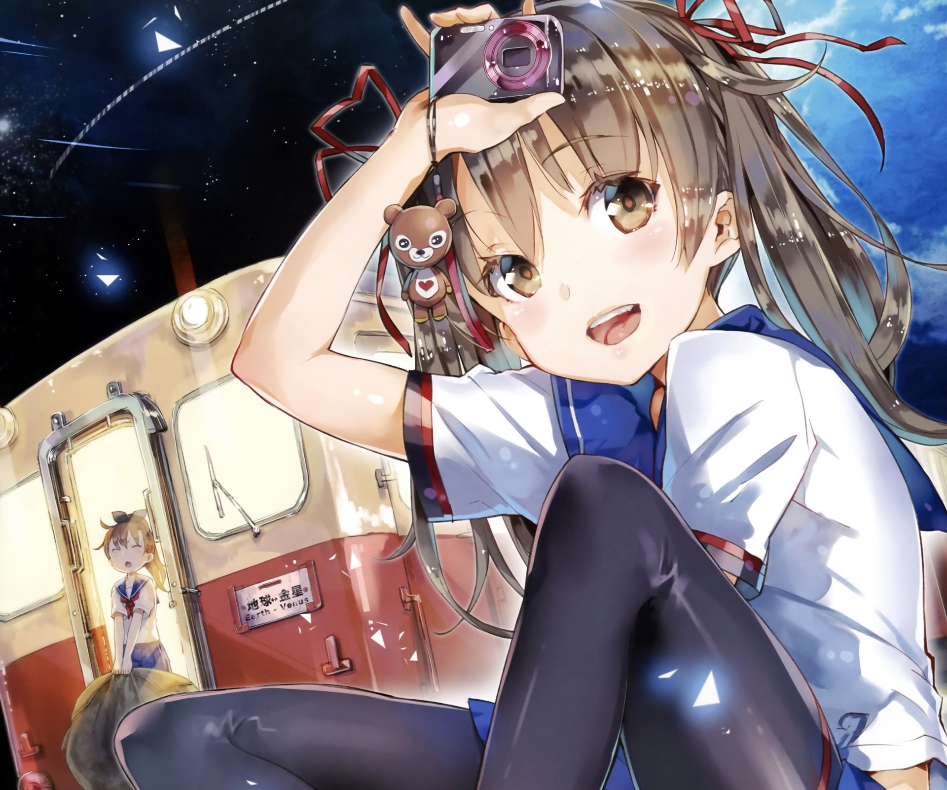 arte yuugen chicas sentado carro cámara oso de peluche tren estrellas cielo noche anime colegialas