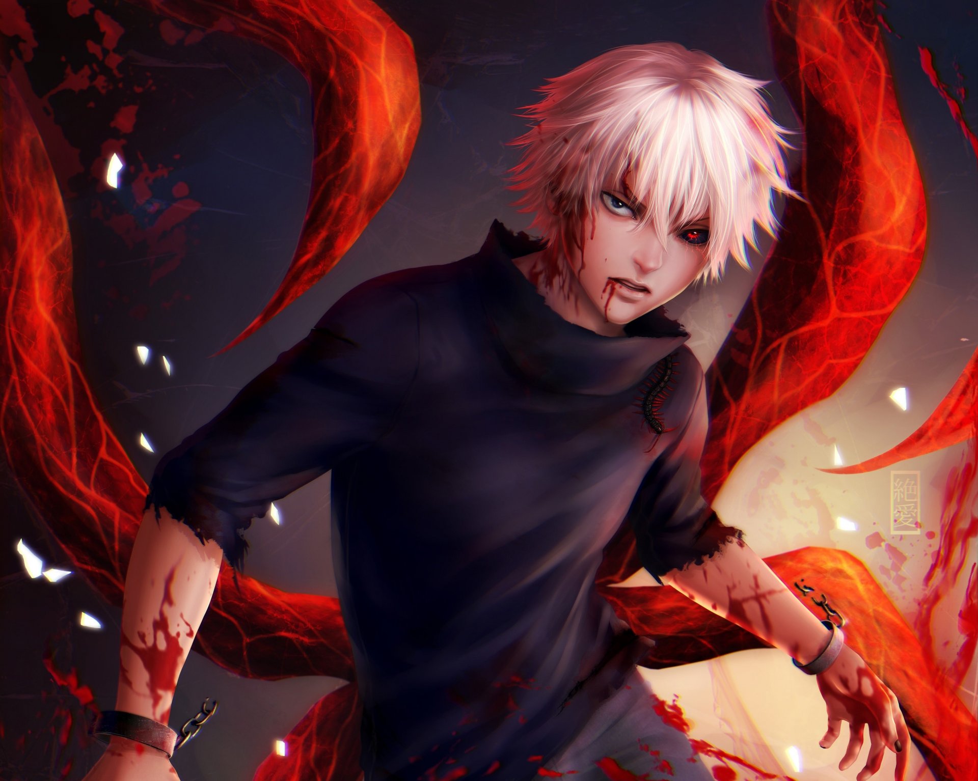 kunst zetsuai89 kerl kaneki ken blick auge klaue blut handschellen tausendfüßler tokyo ghoul