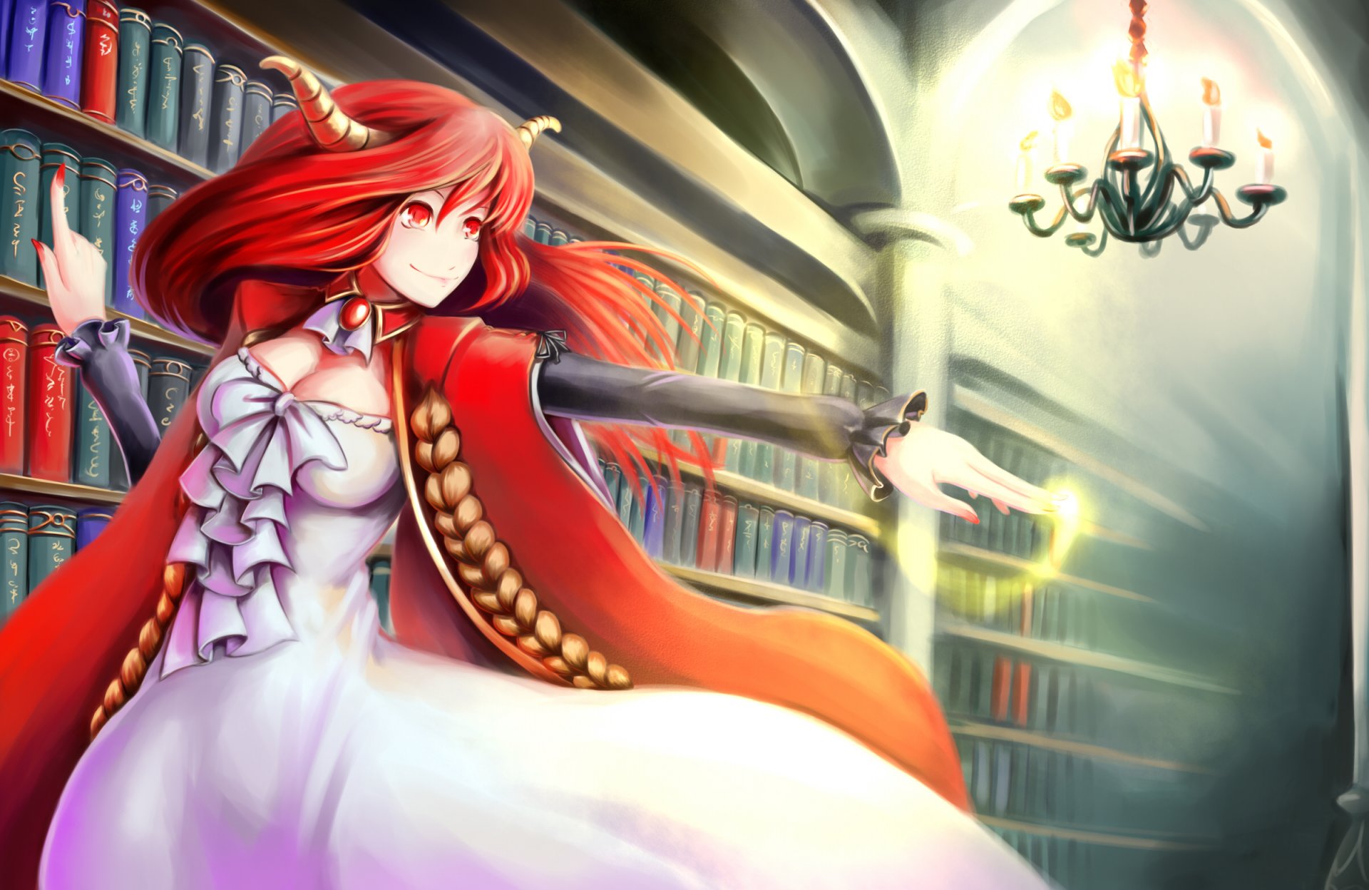 arte seisetu maoyuu maou yuusha maou ragazza libri magici libreria scaffale lampadario corna occhi rossi testa rossa