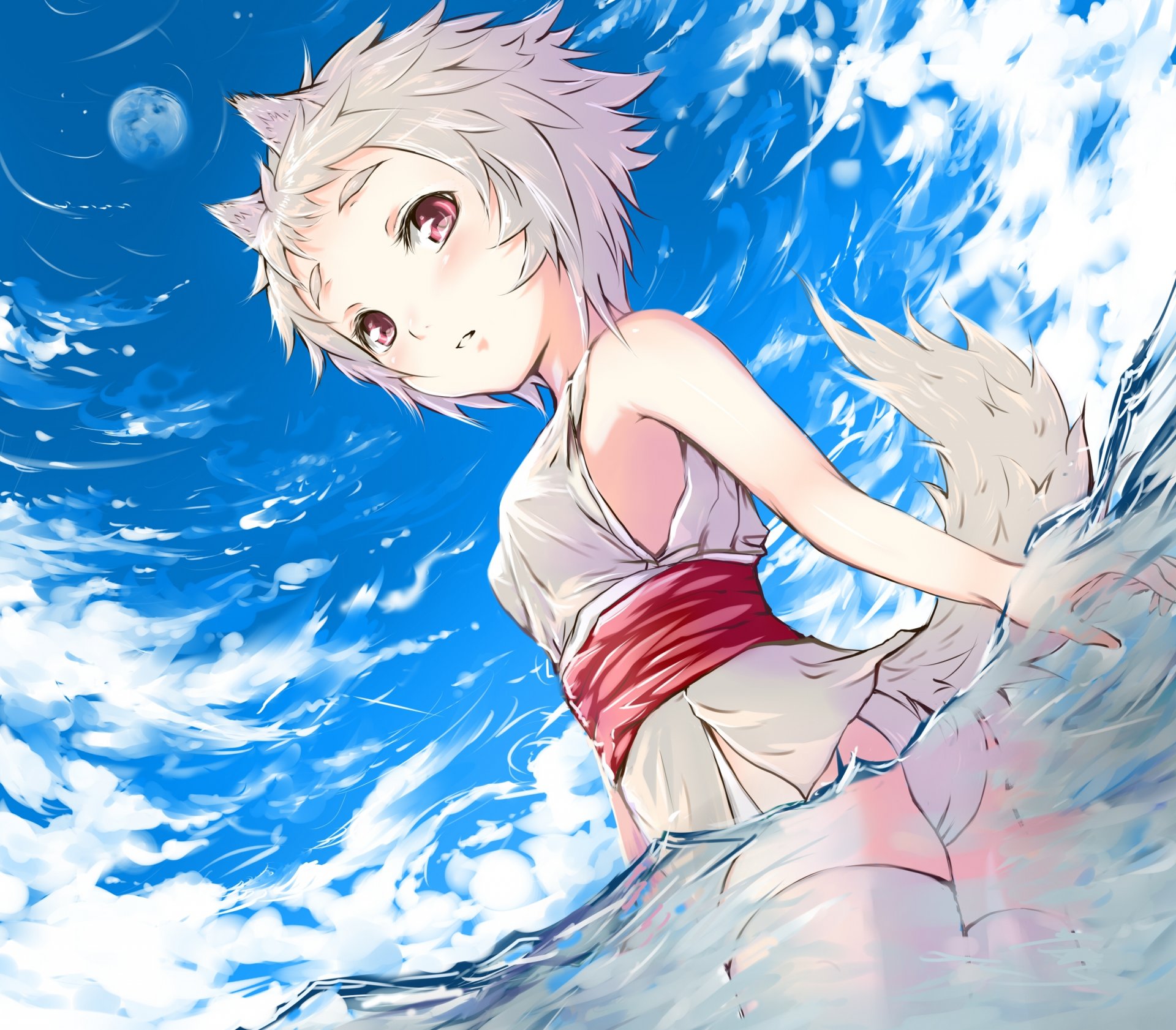 art mututu touhou fille inubashiri momiji neko oreilles queue de cheval maillot de bain mer lune