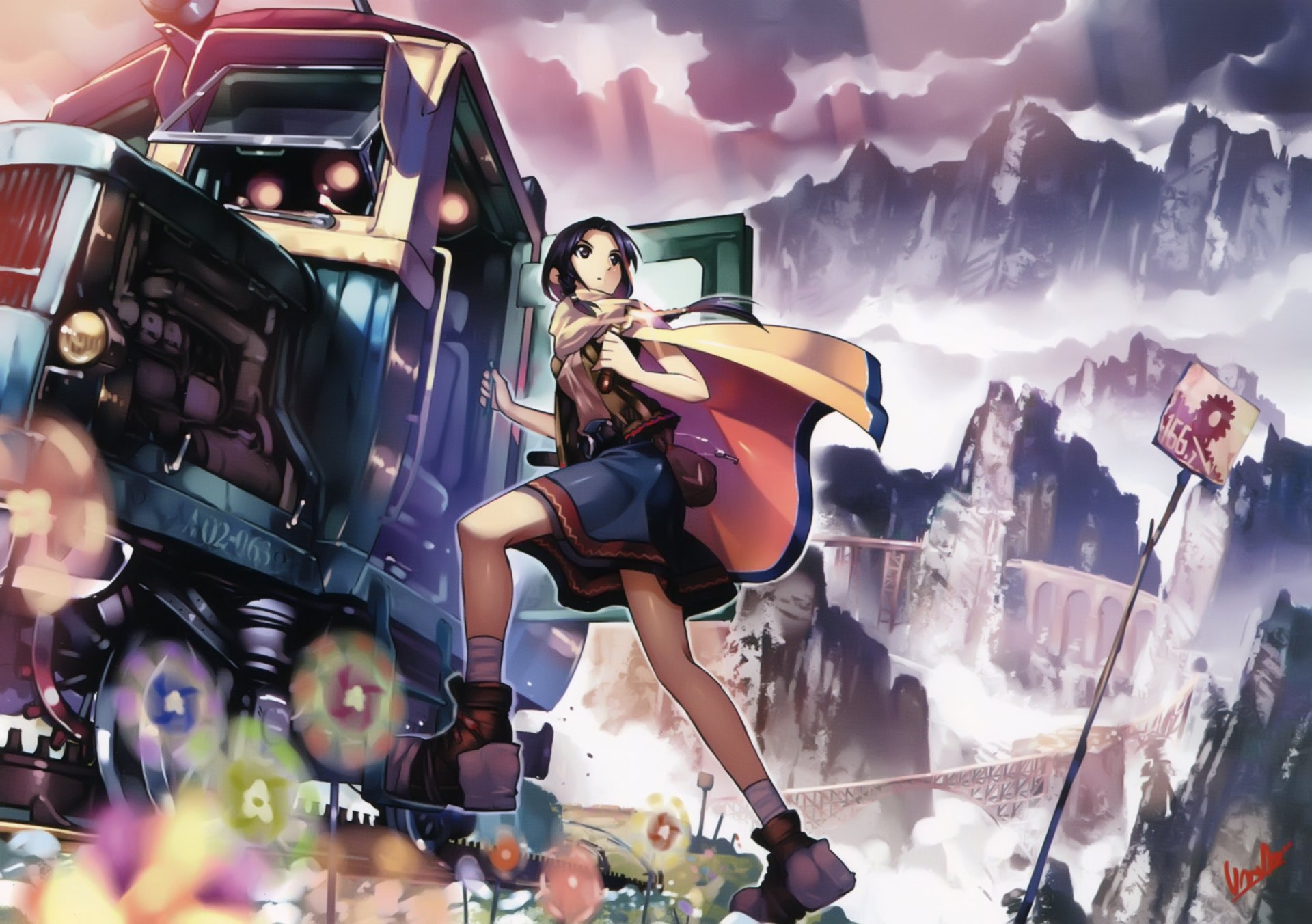 art vania600 girl train anime mountain coat mark the path sky clouds flower road