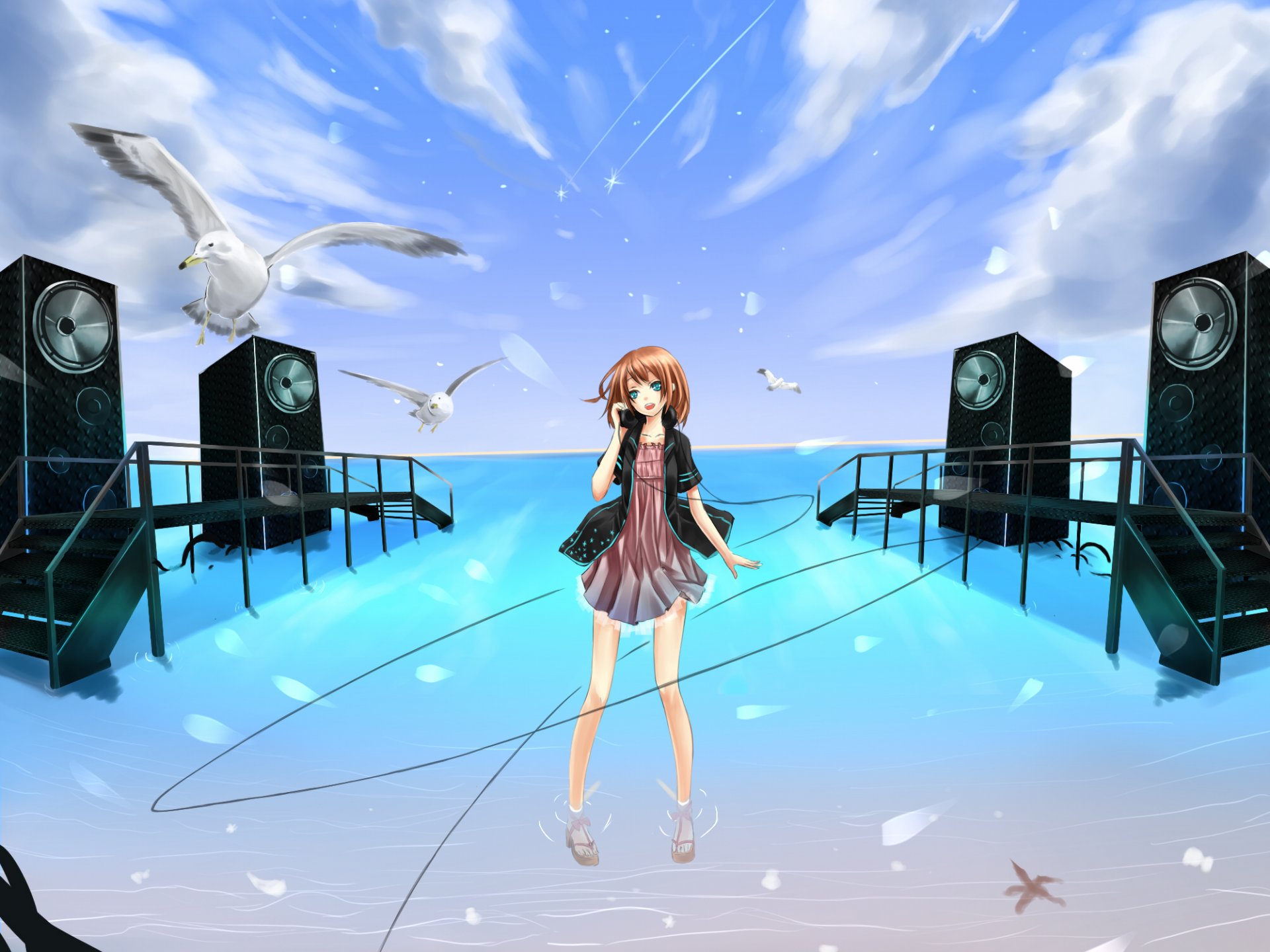 art reio reio anime girl gulls water headphones wire sky clouds sea a step