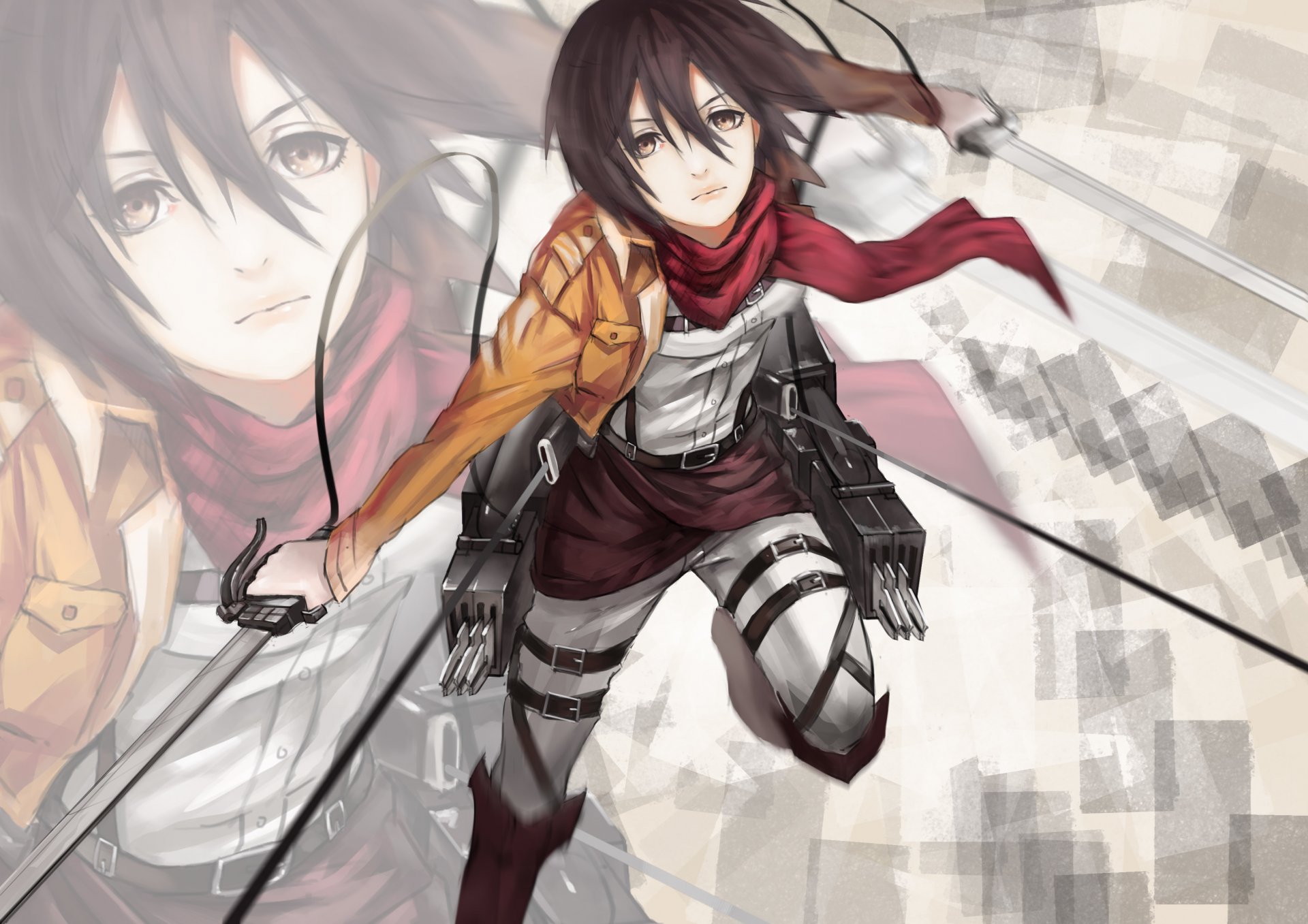 art hq19910119 girl mikasa ackerman view blade flight cables men background shingeki no kyojin