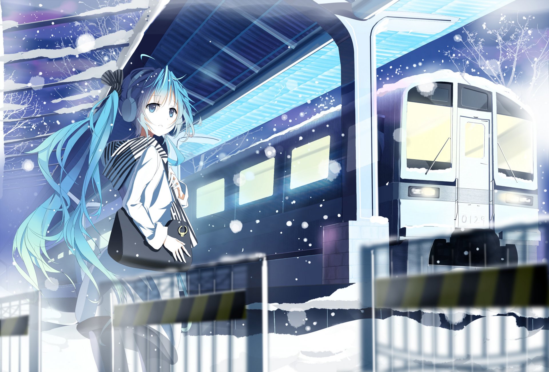 art siji vocaloid hatsune miku girl station train snow winter bag