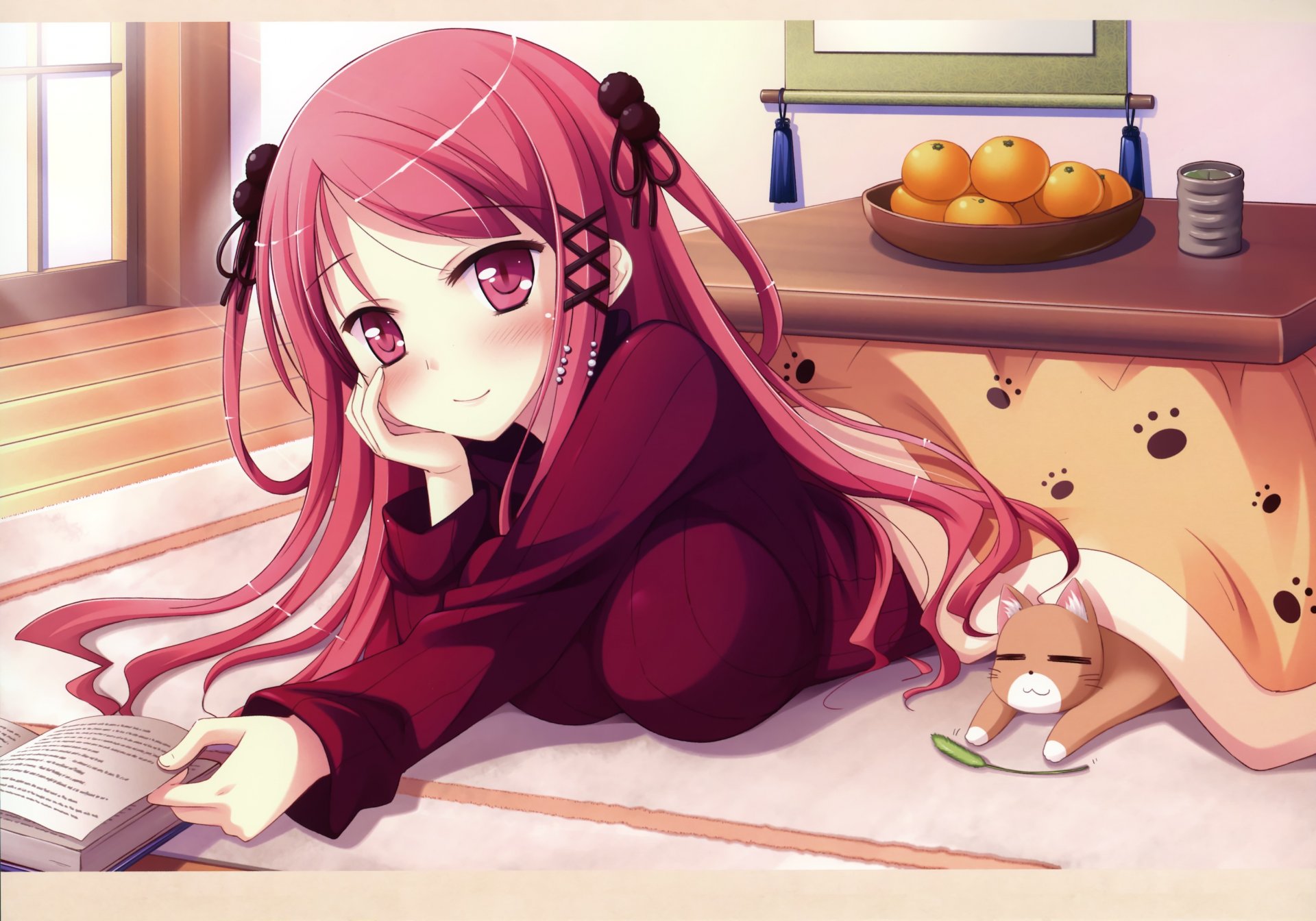 arte ko ~ cha strega hinomiya ayyari ragazza sguardo arrossire sorriso petto si trova gatto kotatsu libro tappeto mandarini tè umore