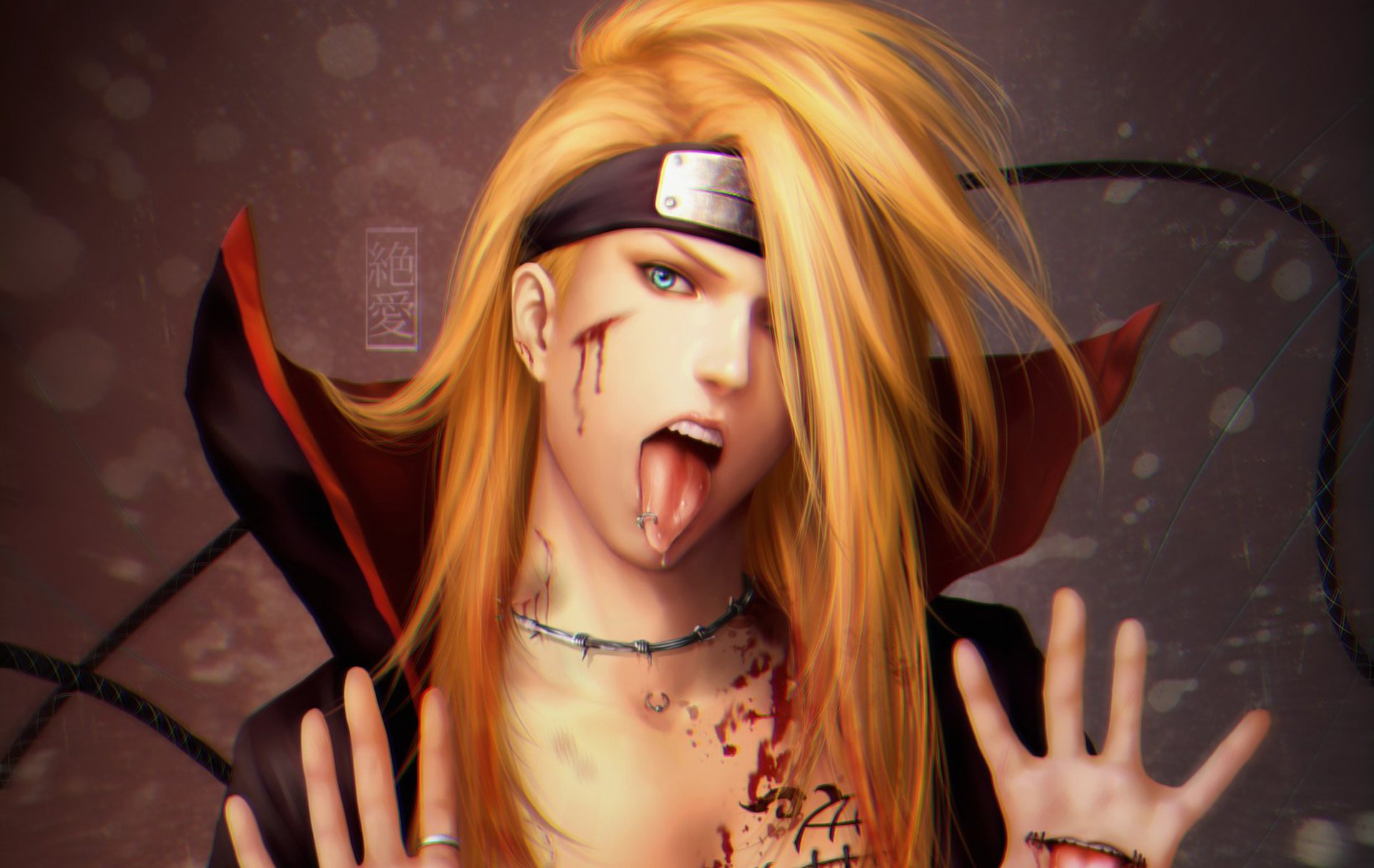 arte zetsuai89 naruto deidara akatsuki novio sangre piercing lengua vendaje anillo capa