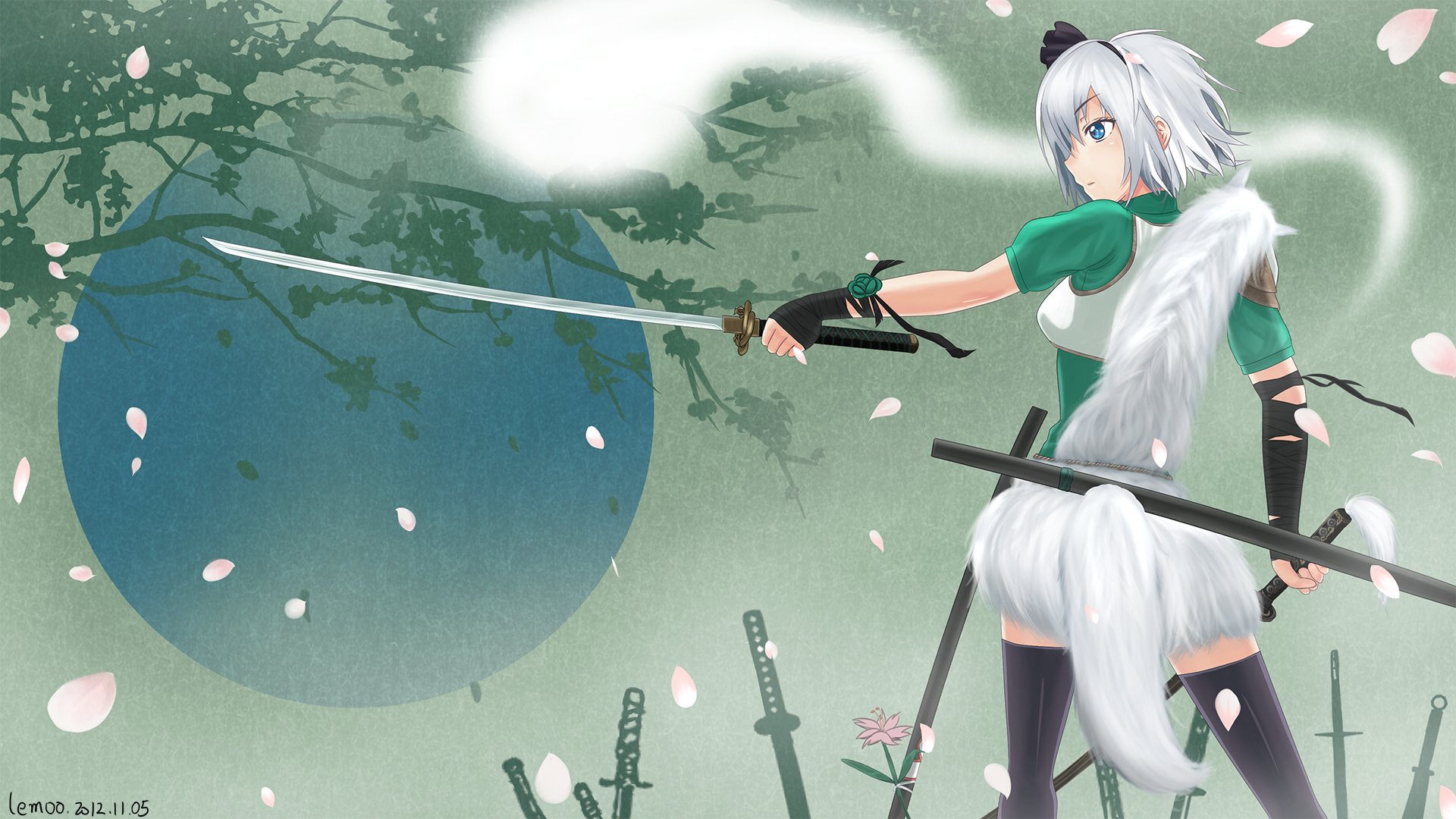 art lemoo touhou kompaku fille épée katana dos esprit queue arbre