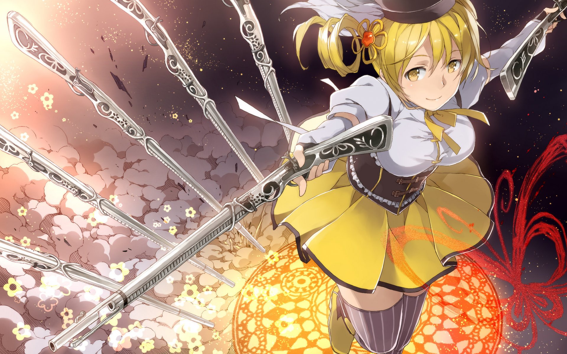 mädchen tomoe mami blick stimmung lächeln waffe mahou shoujo madoka magica