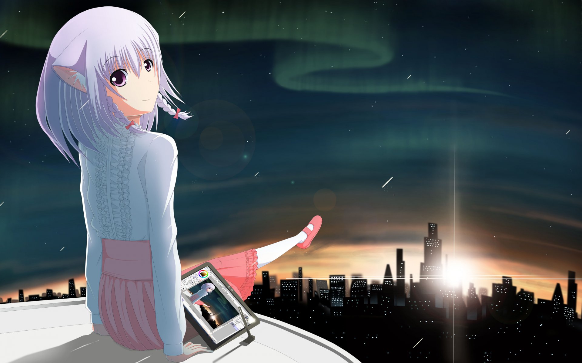 arte riki k chica ilya ciudad noche estrellas casa tableta puesta de sol sol luces anime