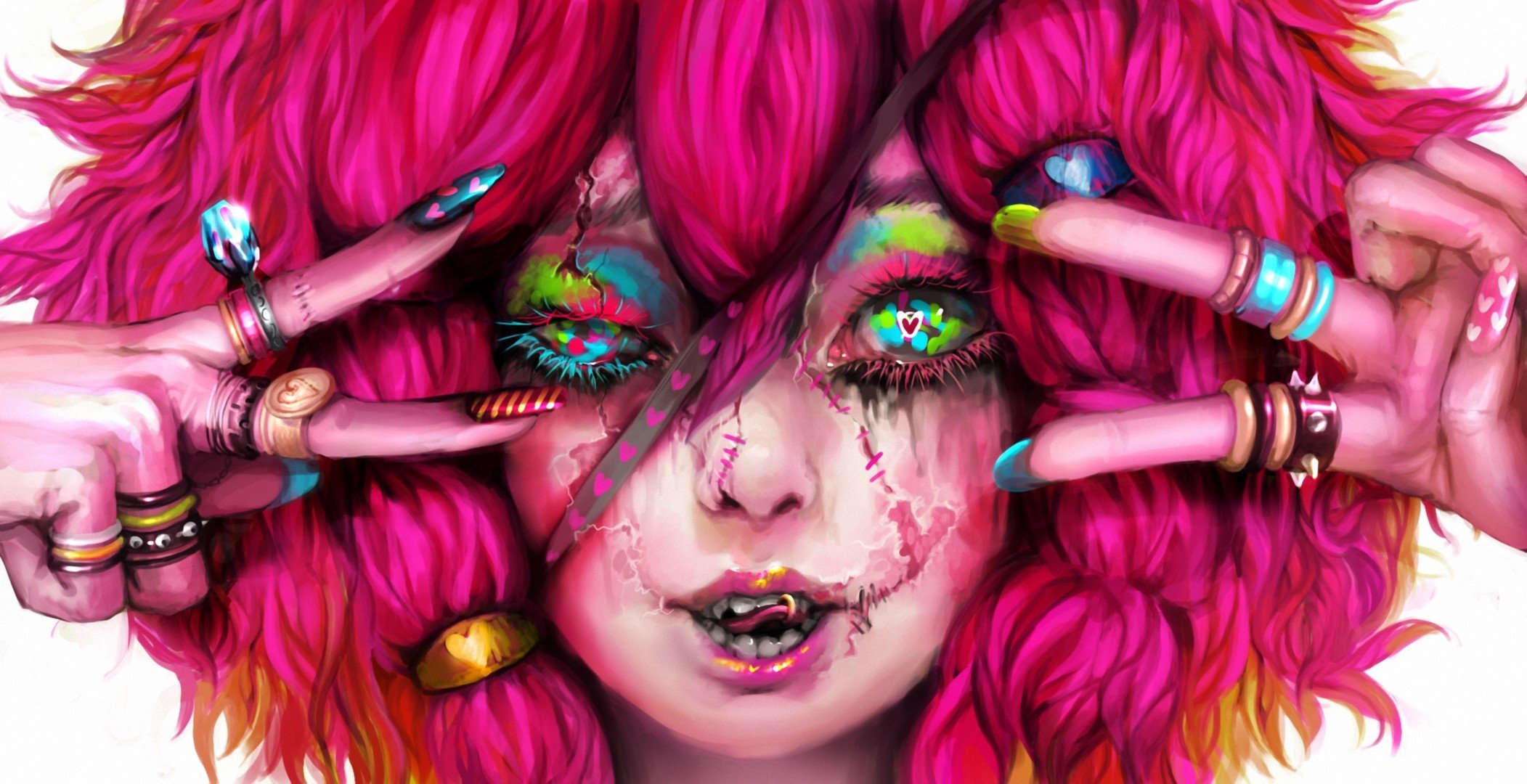 arte genki de ragazza piercing cicatrici anelli capelli rosa kawaii