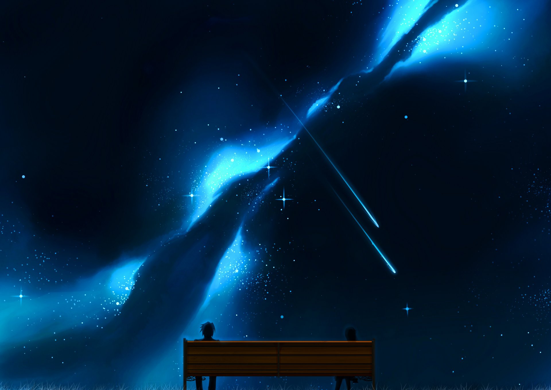 art craft ghost guy girl bench night sky star two anime