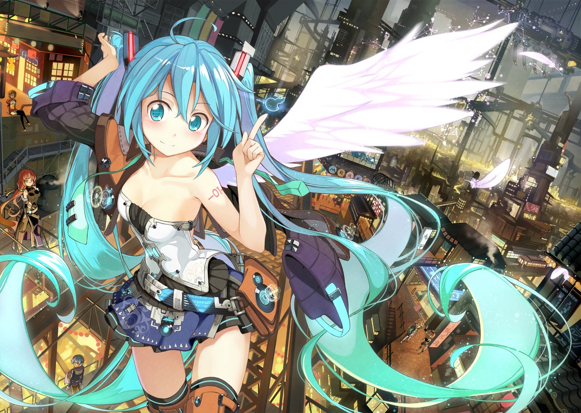 art vocaloid hatsune miku megurine luka kaito kagamine rin kagamine len meiko girls man wings feathers town angel