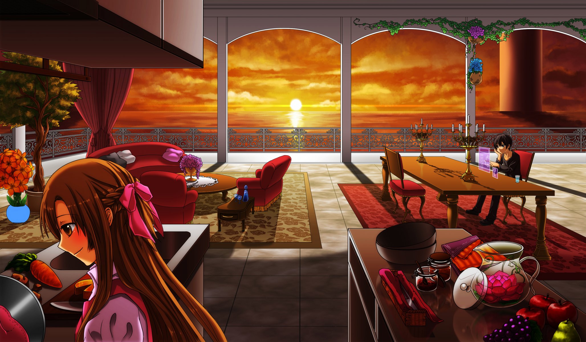 word art online yuuki asuna kirito girl guy room tables sunset fruits sea kitchen