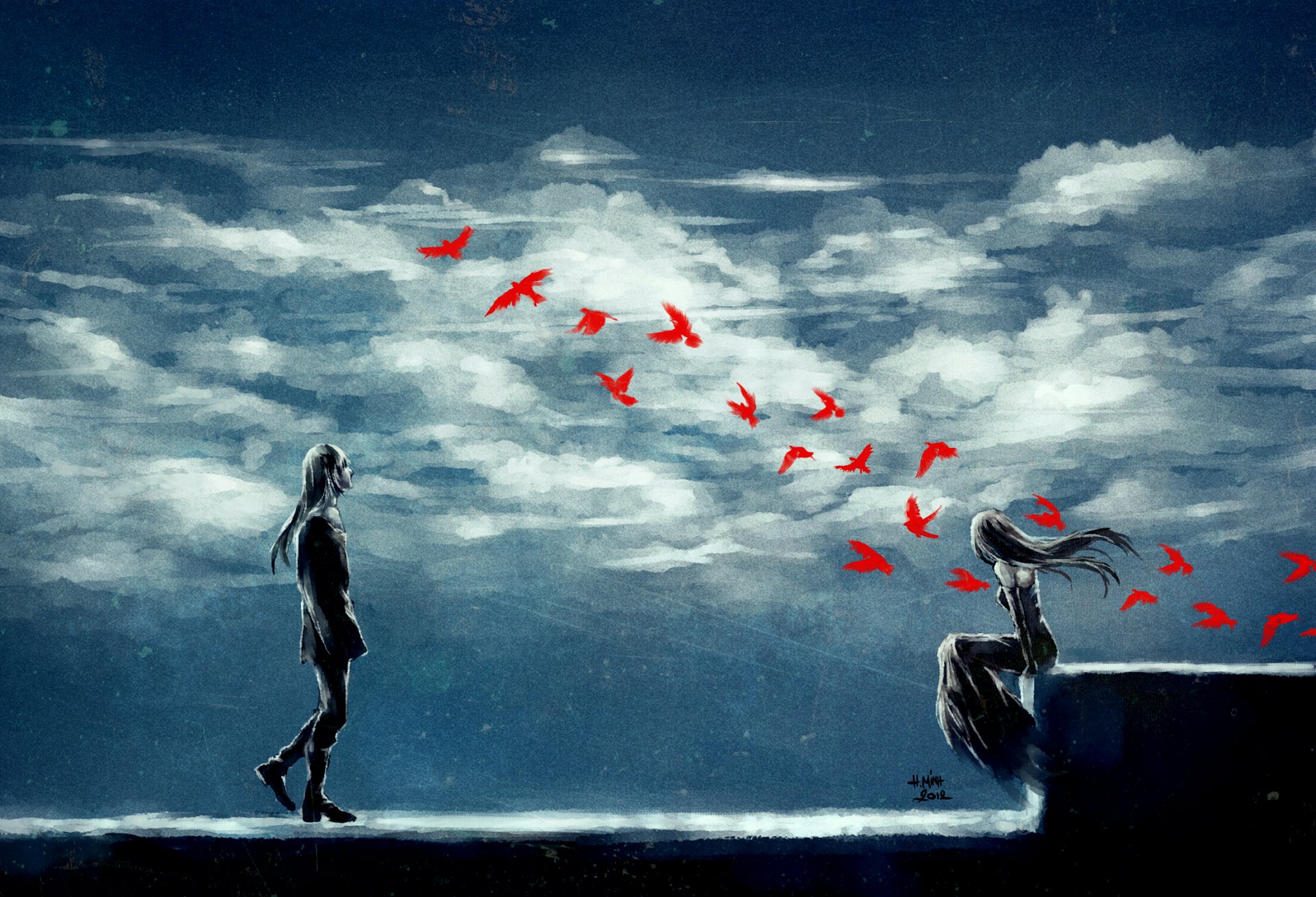 art nanfe garçon fille sérénité oiseaux nuages