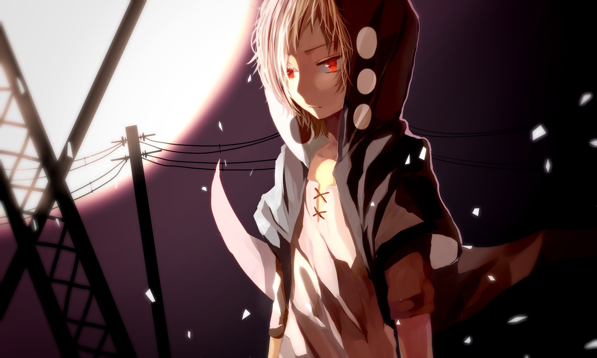 art ri-rihoo kagerou project vocaloid guy hood red eyes moon lap