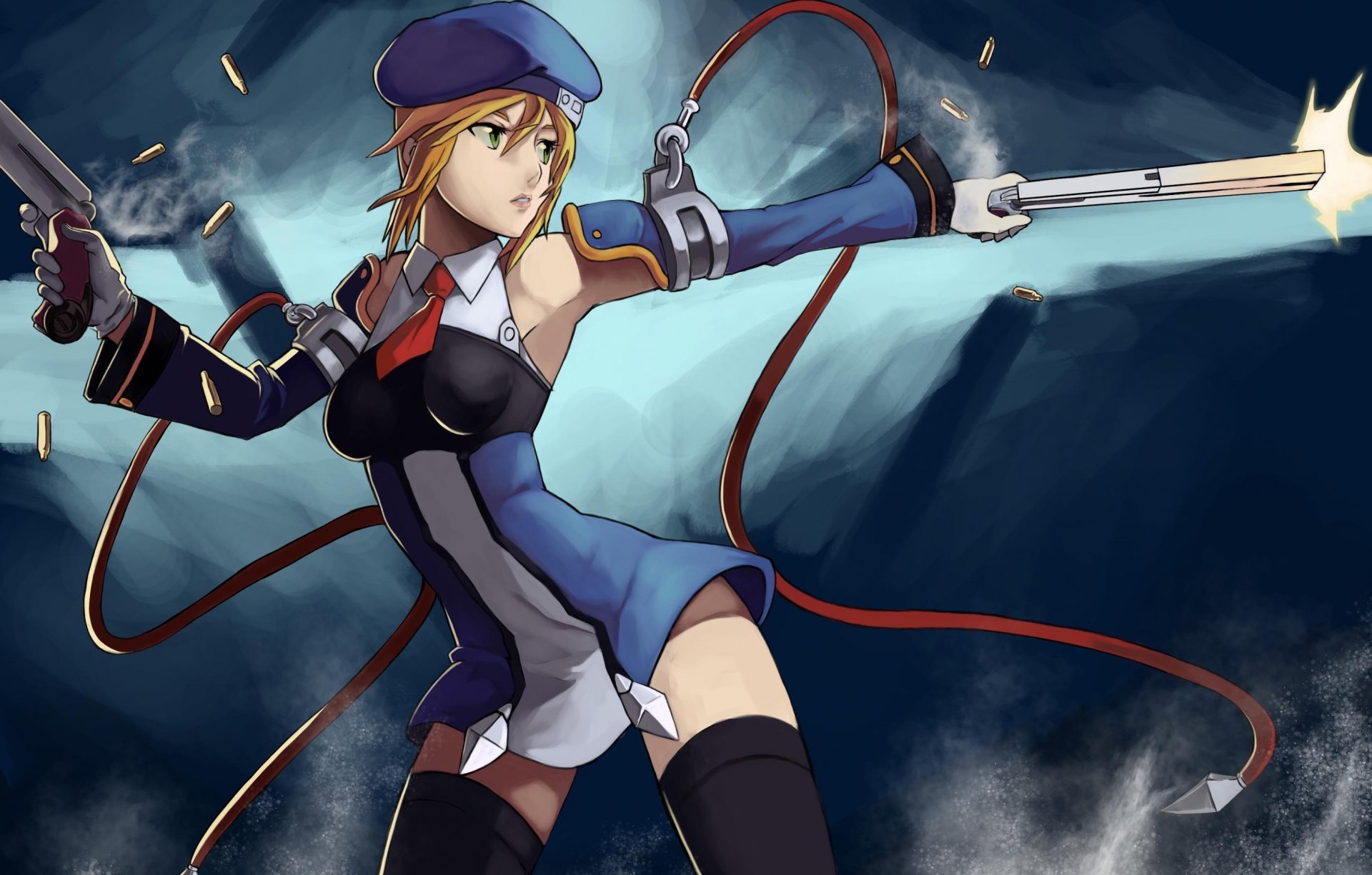 blazblue noel vermillion girl form takes weapon shooting gun necktie of the sleeve