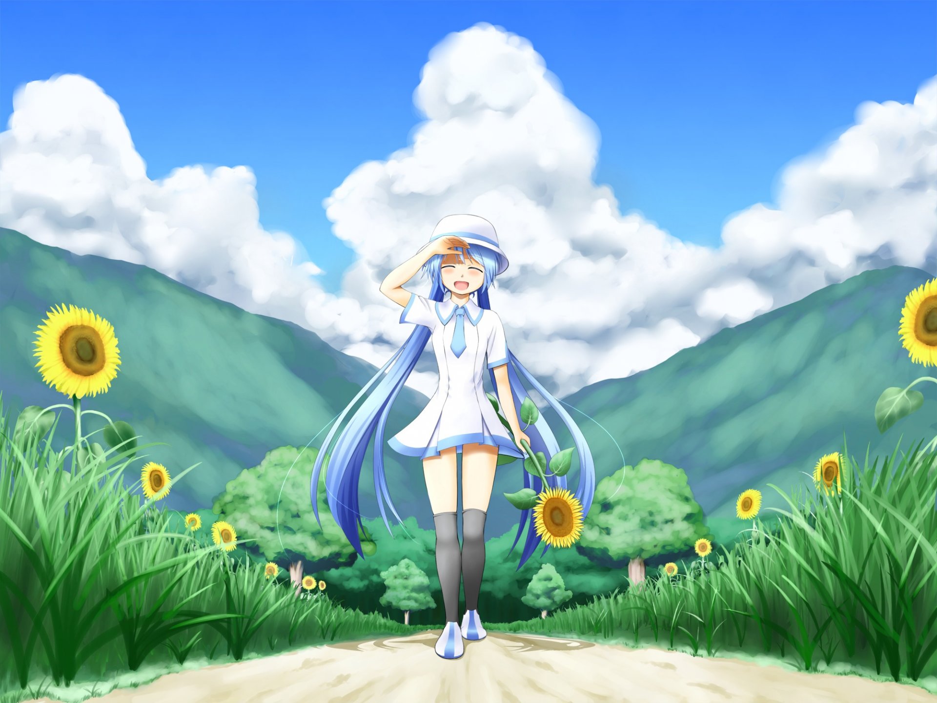 art nanatsuba girl hatsune miku mood joy nature sunflowers trees clouds sun vocaloid vocaloid