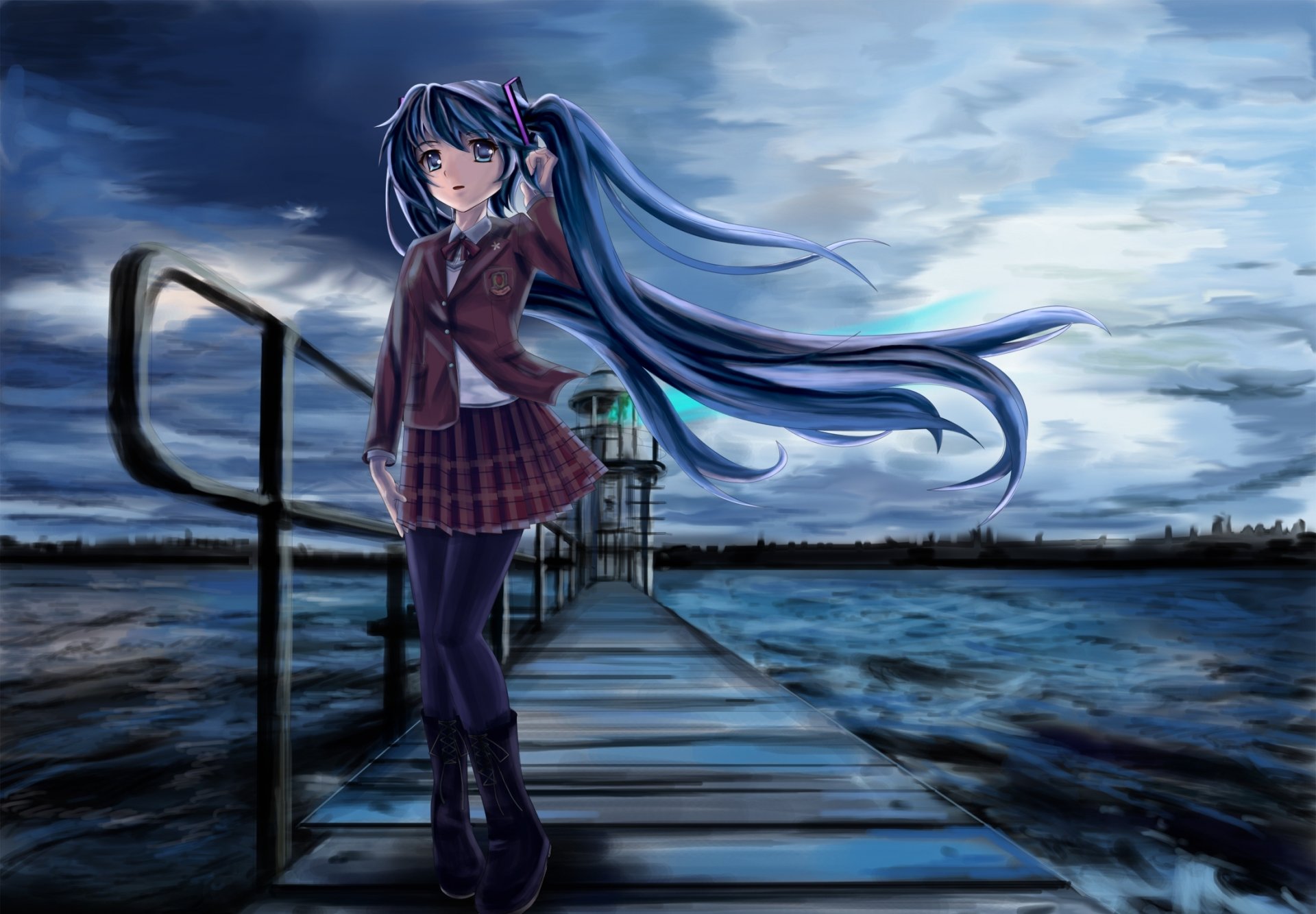 art edogawakid girl hatsune miku school uniform bridge lighthouse sea cold darkness vocaloid vocaloid