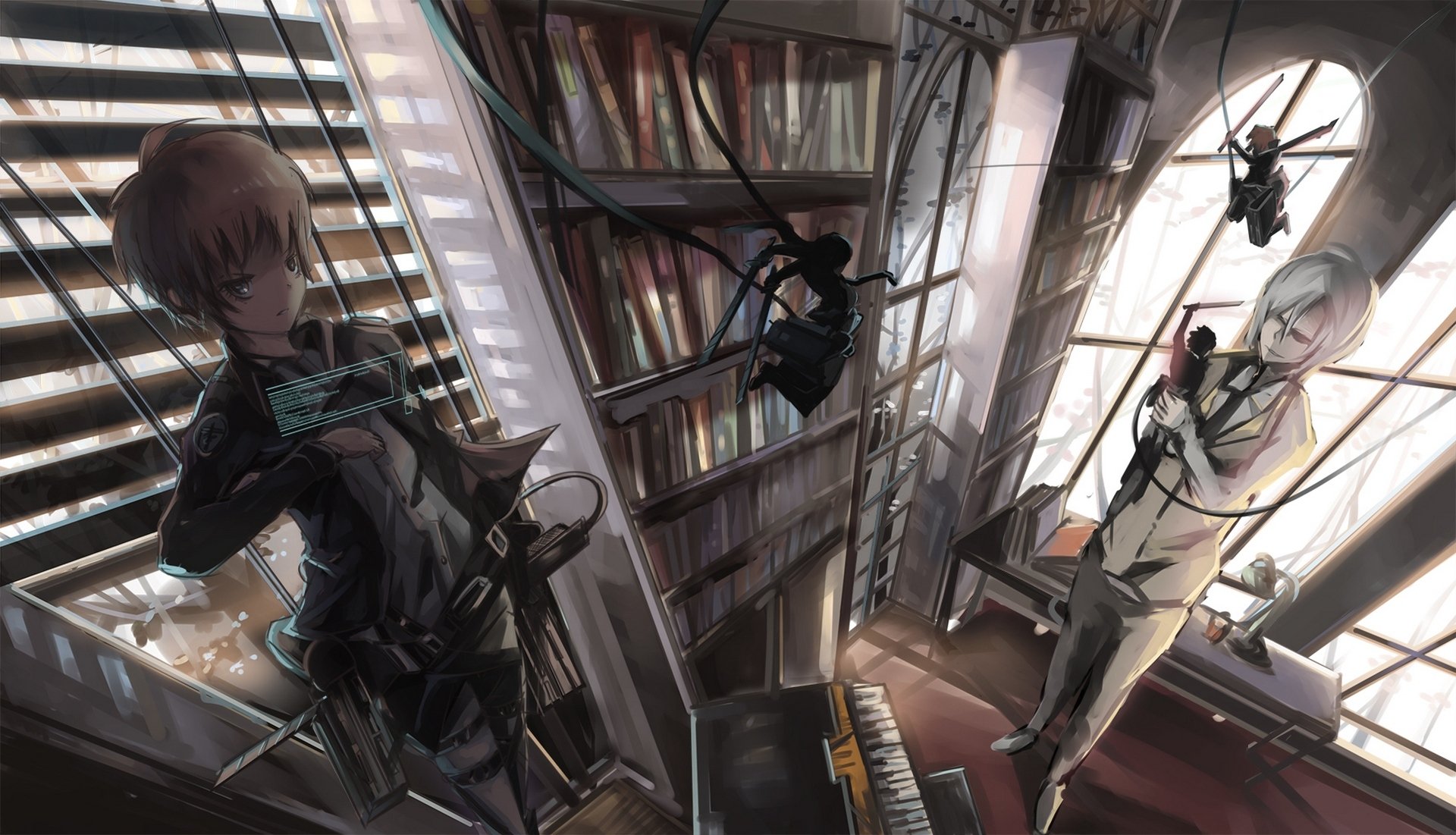 kunst qianqian anime psycho-pass kein shingeki kein kyojin invasion der giganten makishima tsunemori akane mädchen kerl riesen zimmer bücher klavier waffen