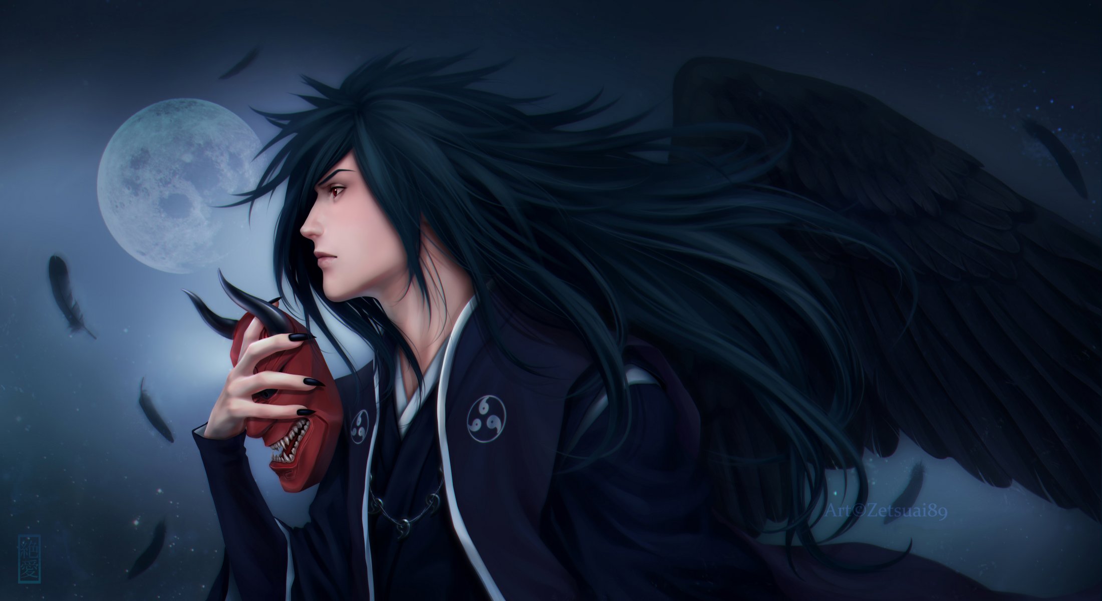 art zetsuai89 male uchiha madara wings feathers mask moon night naruto