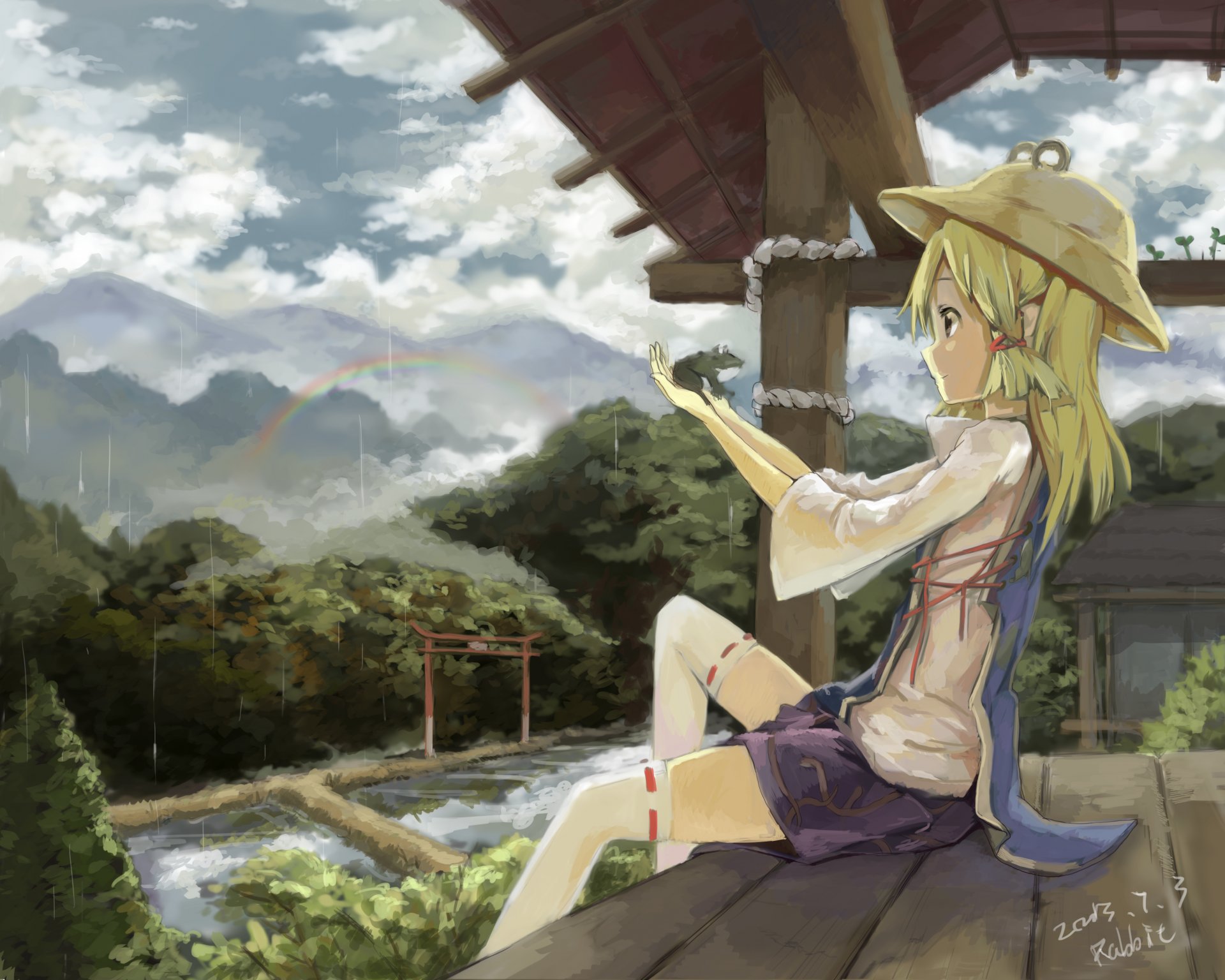 art gensou kuro usagi touhou moria suwako dziewczyna dom kapelusz natura drzewa deszcz tęcza żaba anime