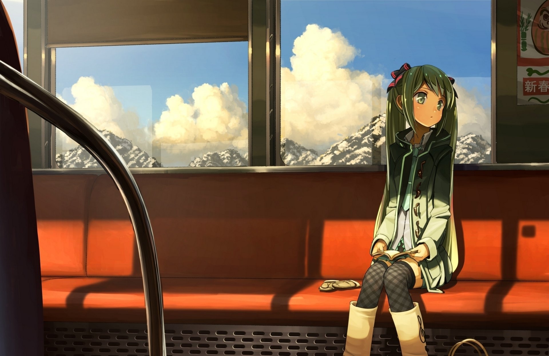 art domo1220 vocaloid hatsune miku girl wagon posters seats vocaloid mountains clouds train mitten