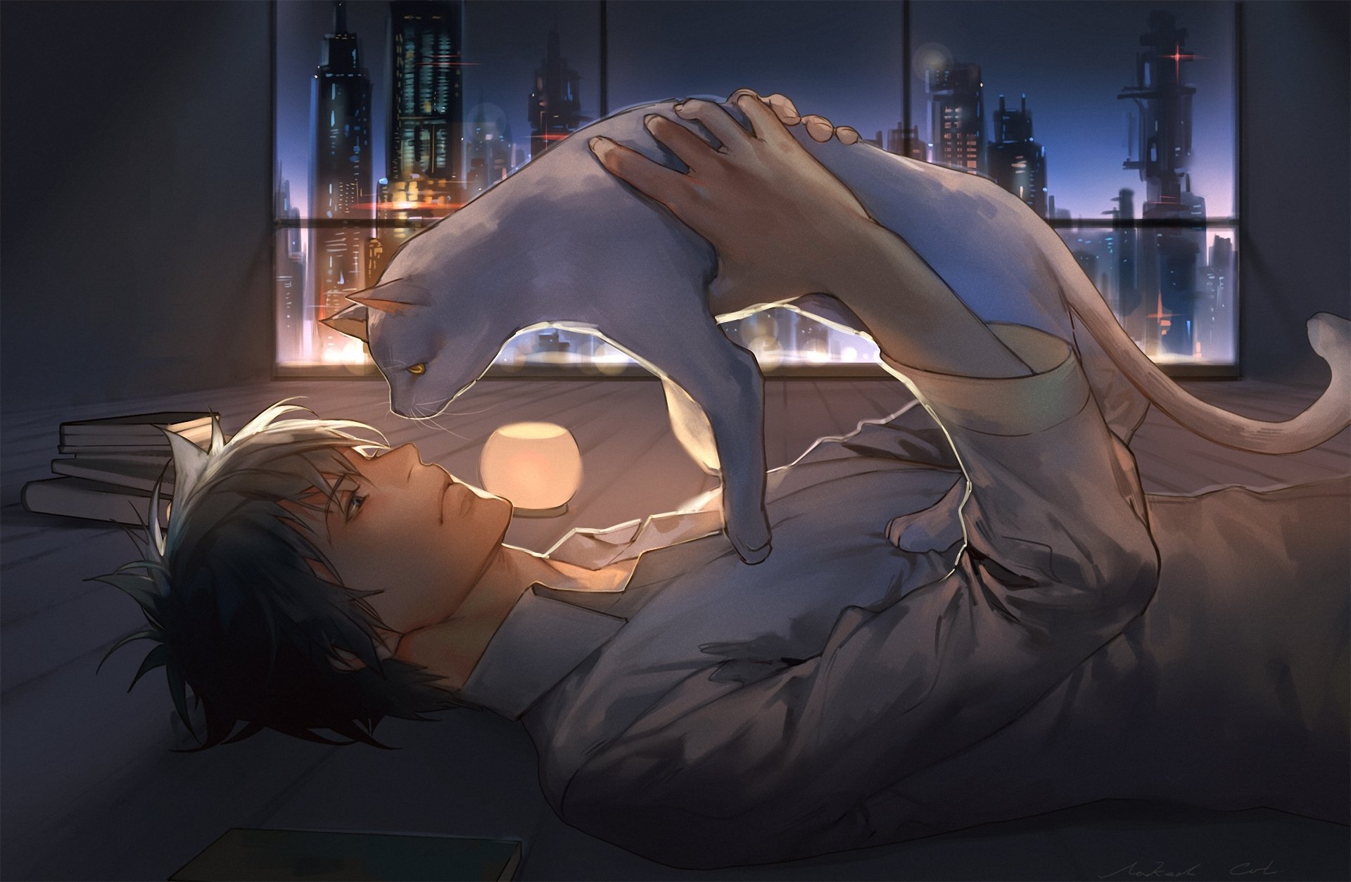 art naked cat psycho-pass shinya kougami guy cat night window