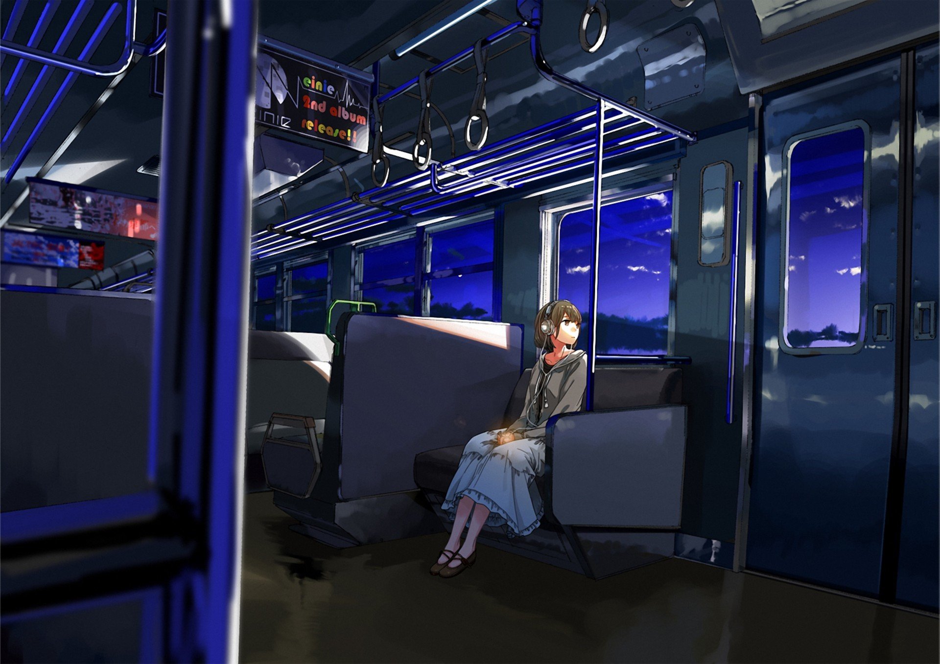 art kurono-kuro girl train headphones one night