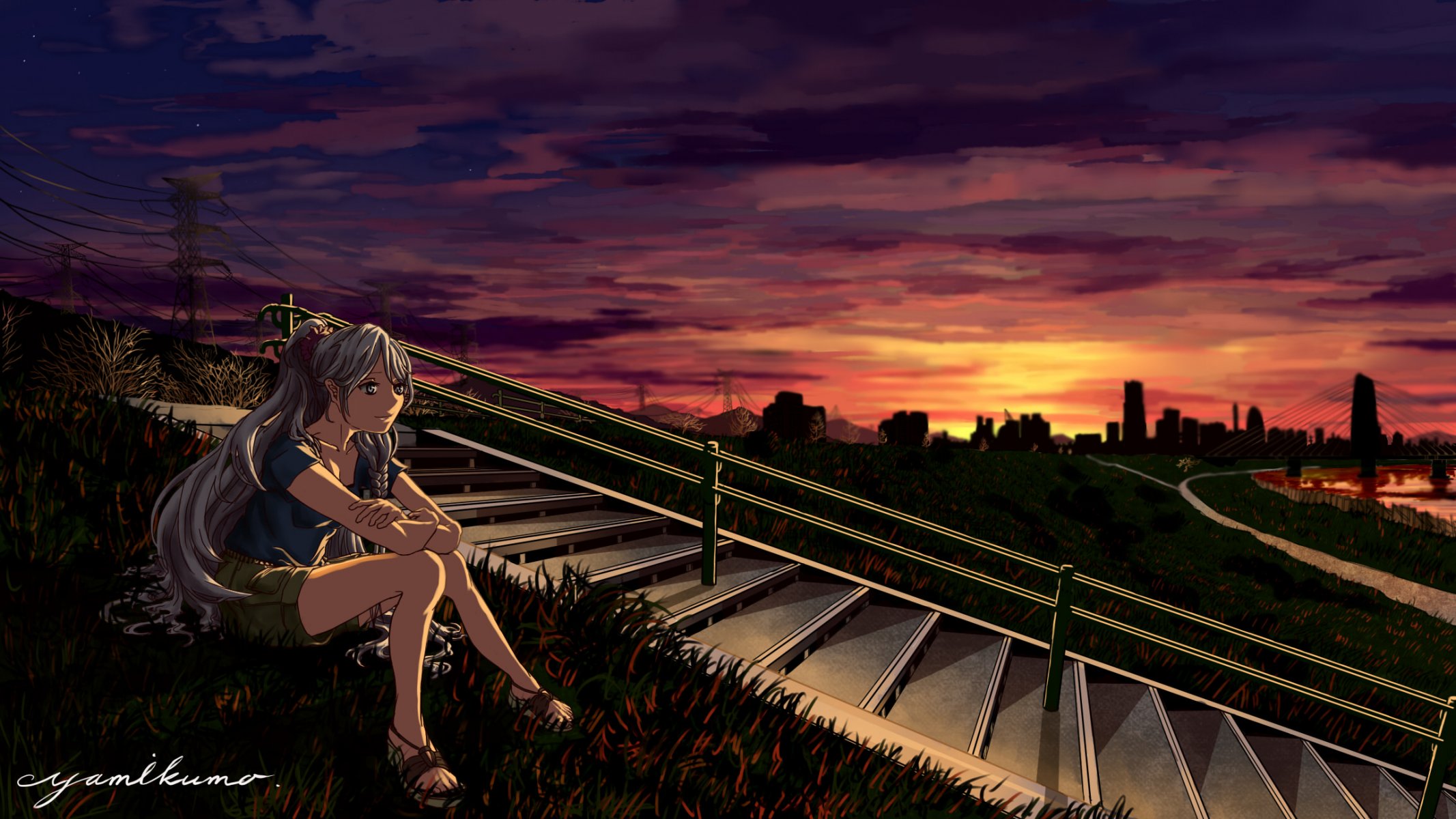 vocaloid hatsune miku ragazza seduta sera tramonto collina gradini scala ringhiera erba