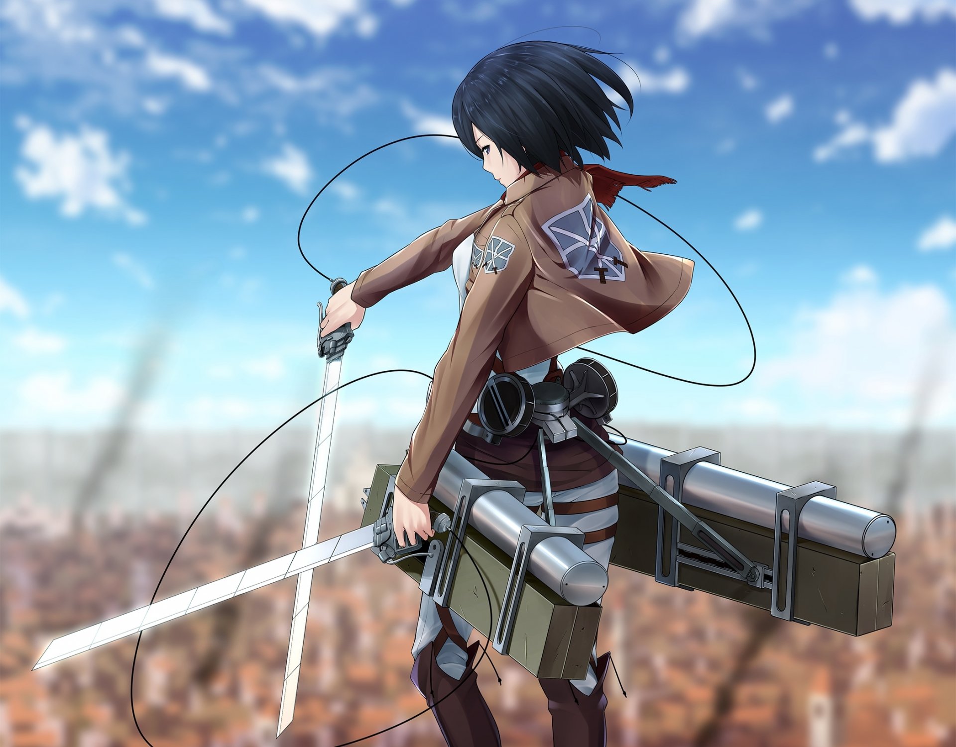 arte ninnzinn chica mikasa ackerman mirada ira cuchillas artilugios bufanda pared ciudad no shingeki no kyojin