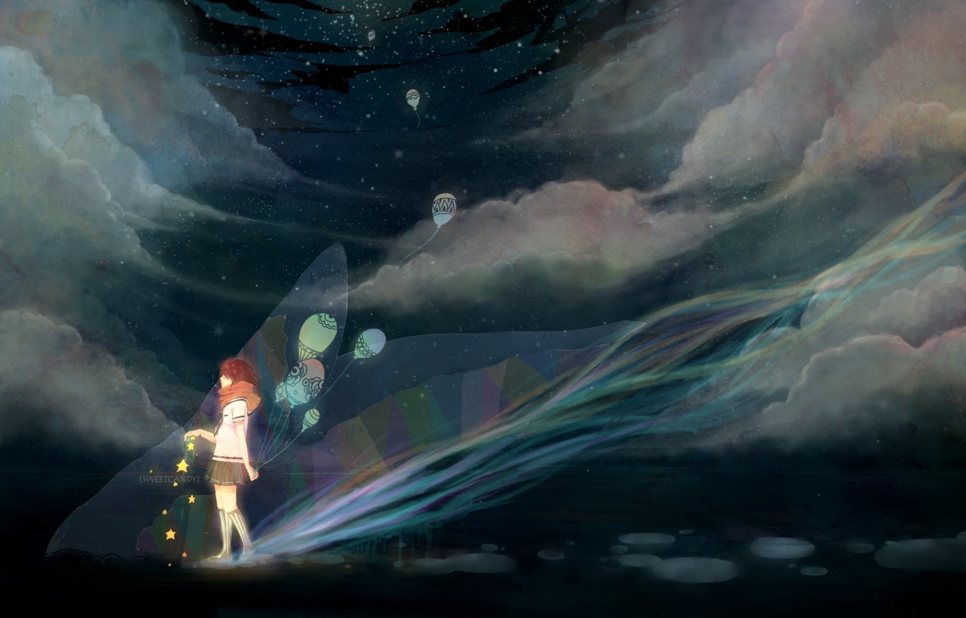 art amurasaki girl scarf night sky . cloud balloon star anime section