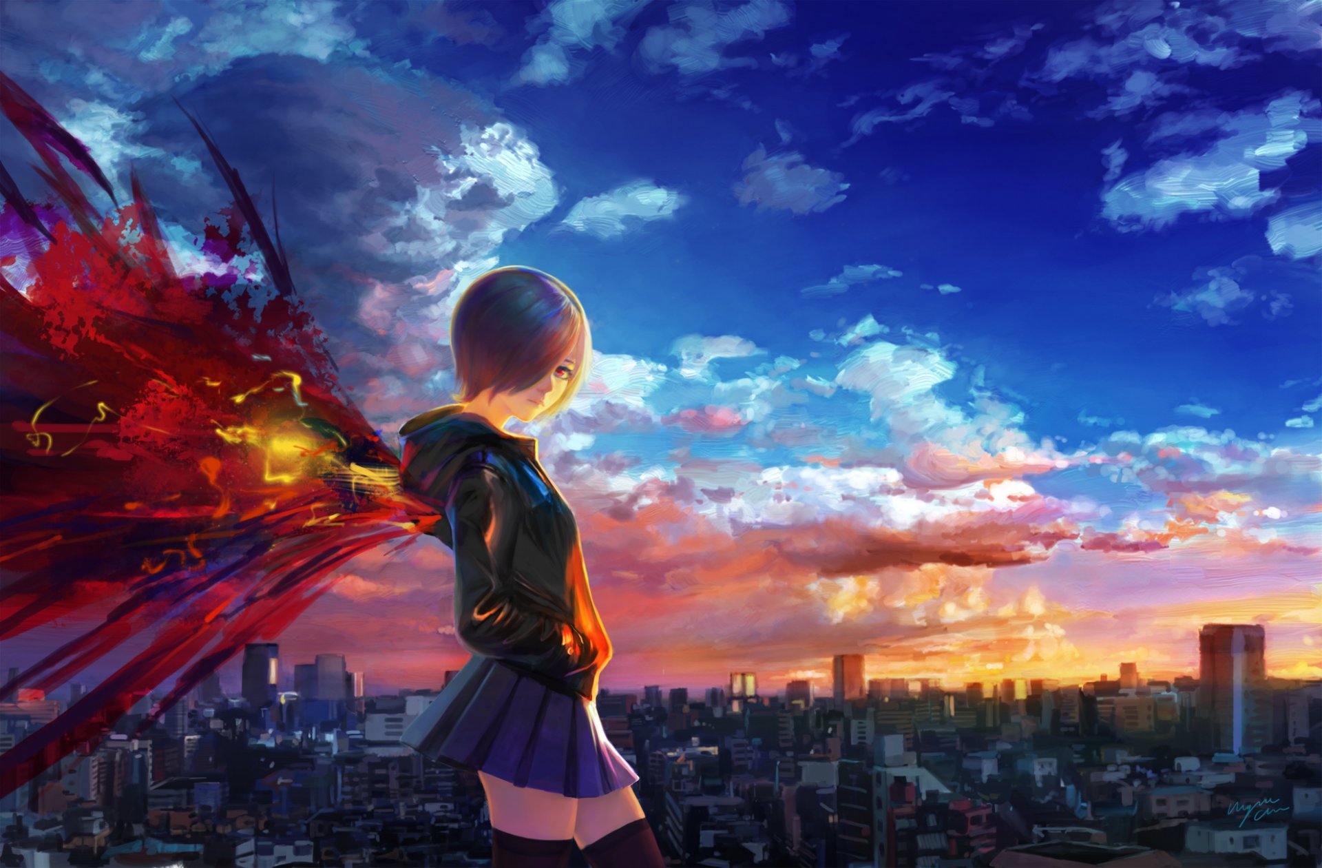 art shitub52 anime tokyo ghoul kirishima touka girl city houses wings sky clouds tokyo ghoul sunset