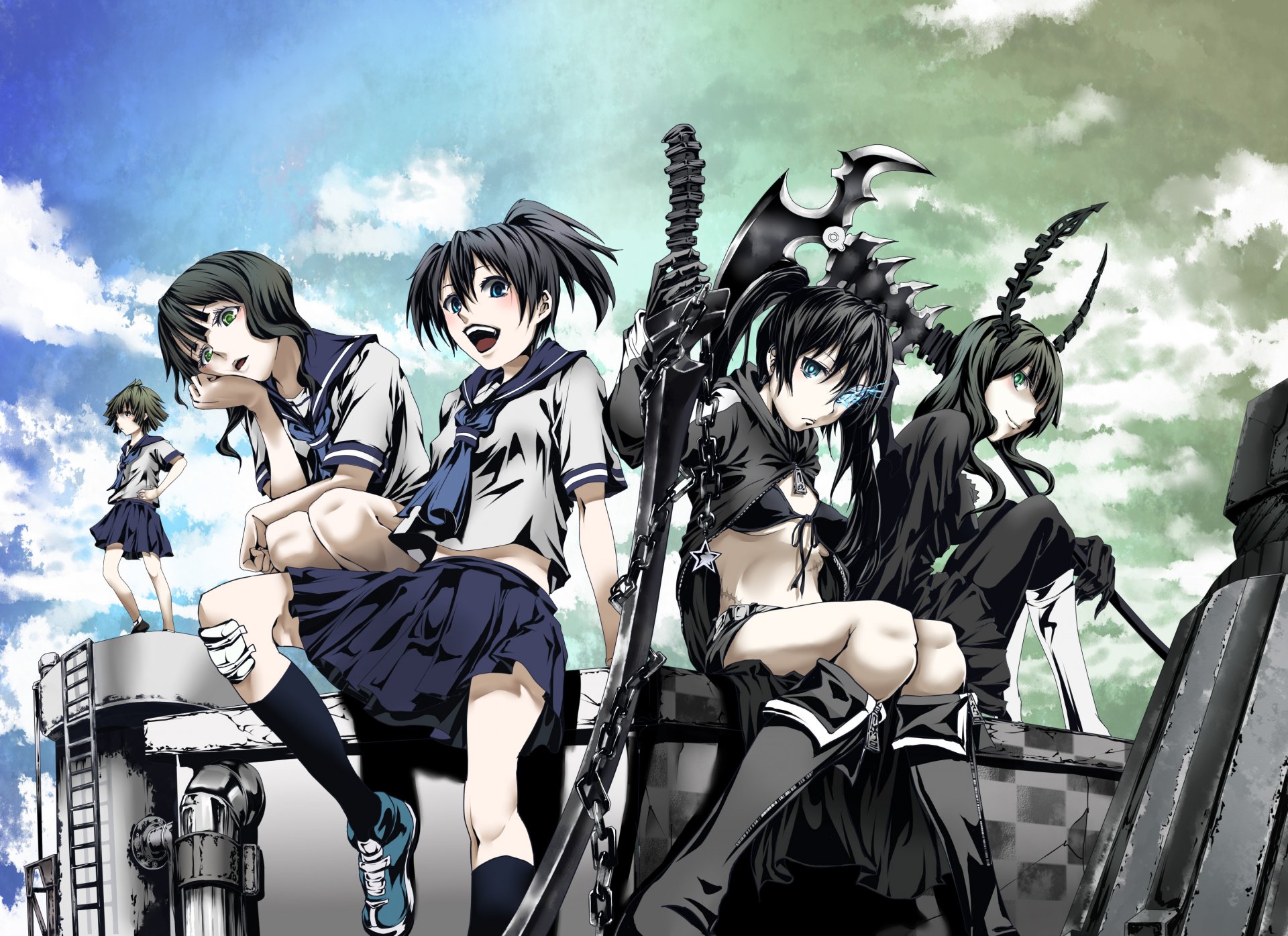 arte munakata anime black rock shooter black rock shooter morto maestro mato kuroi takanashi yomi yuu ragazze studentesse cielo nuvole katana falce armi corna uniforme scala