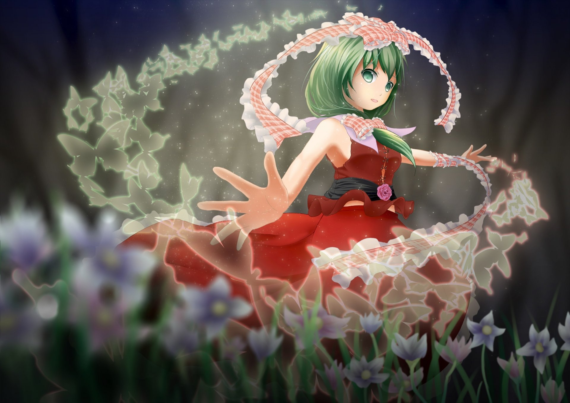 touhou kagiyama хина девушка зеленые волосы красное платье цветы ленты