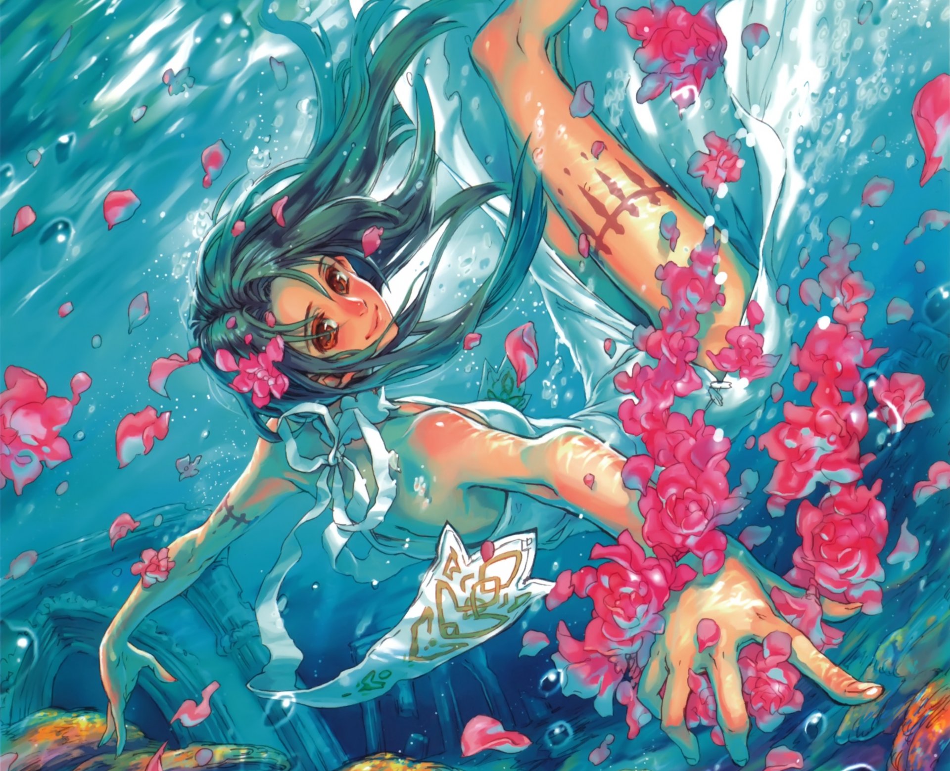 art midori foo fille sous l eau bulles fleurs pétales anime